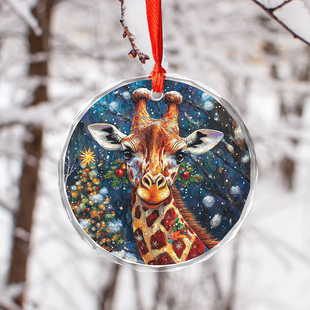 Beautiful Giraffe Christmas Night Design 3 Glass Ornament