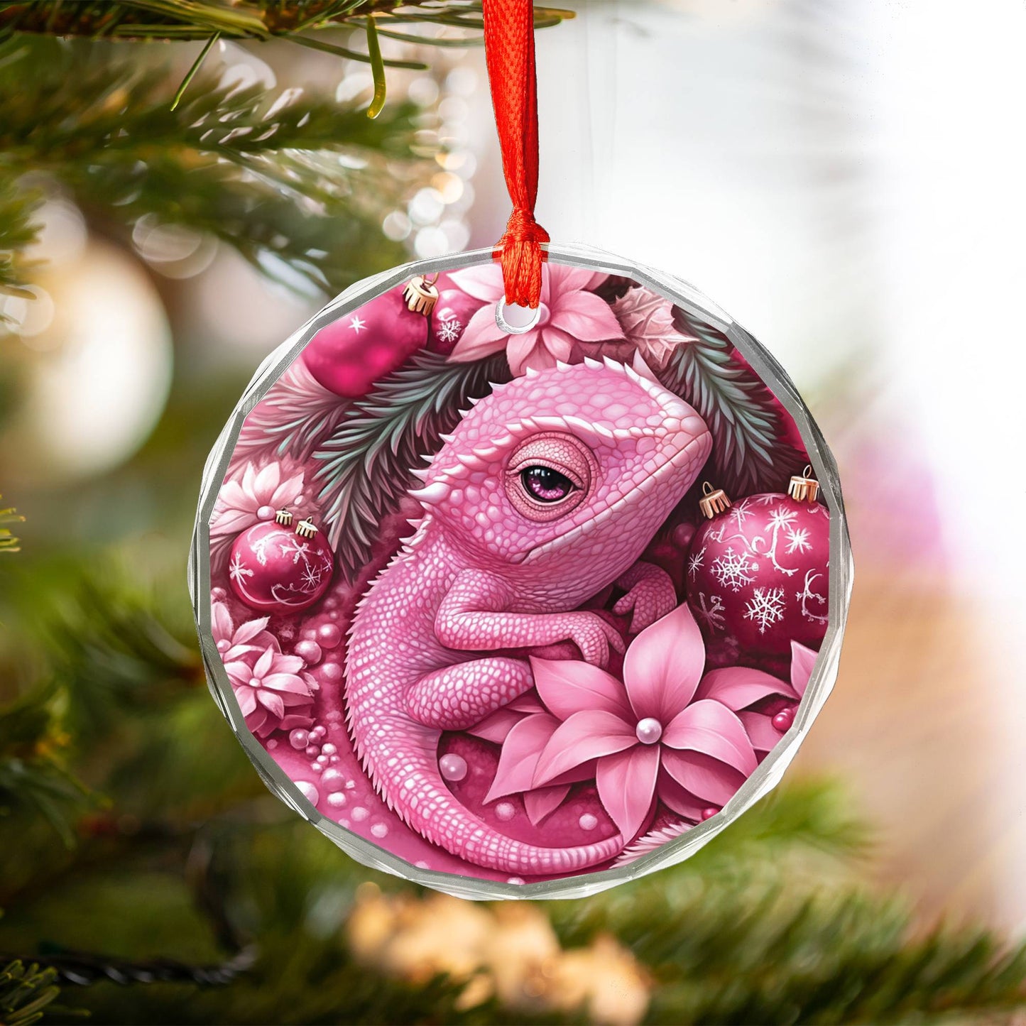 Chameleon Pink Christmas Design 3 Glass Ornament