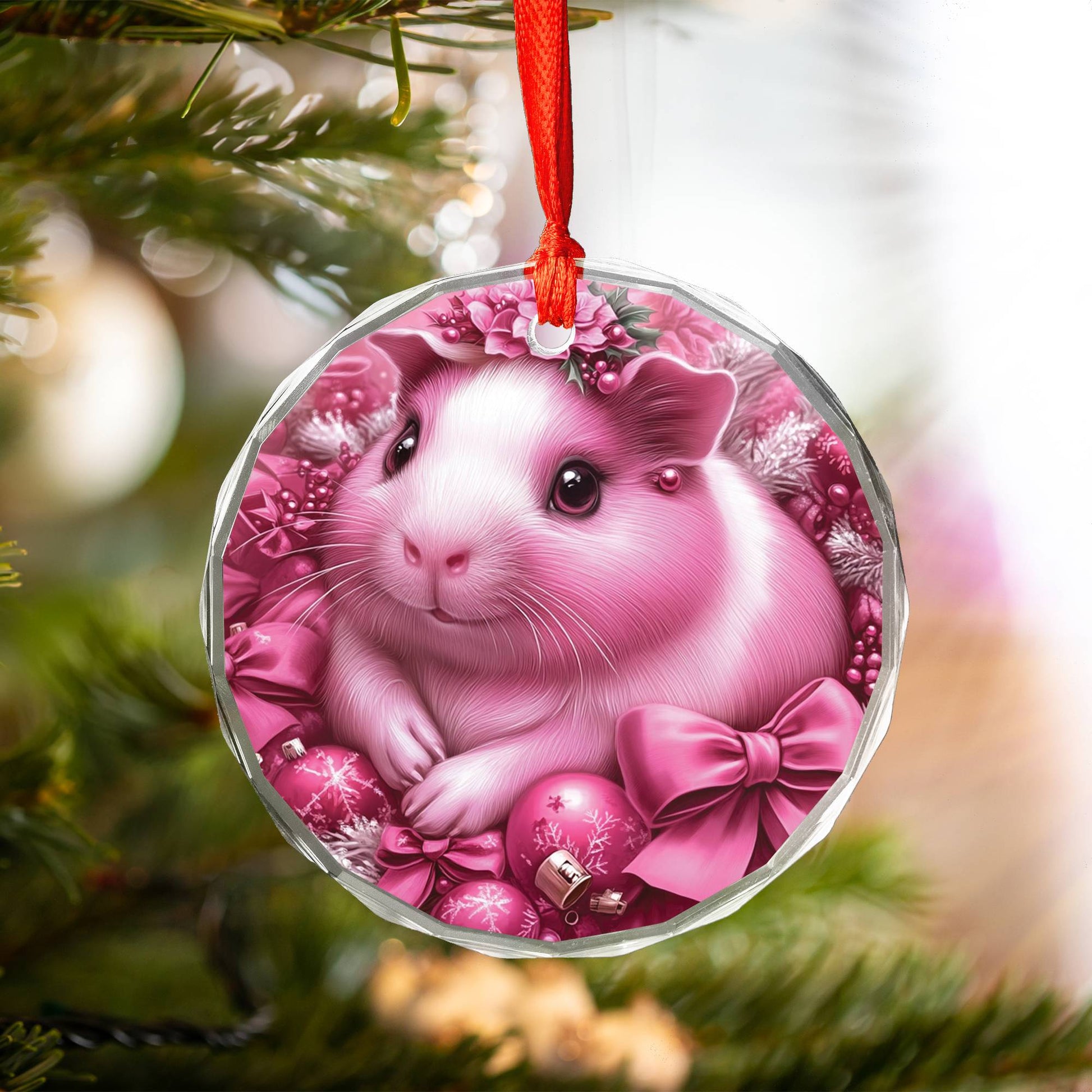 Guinea Pig Pink Christmas Design 3 Glass Ornament