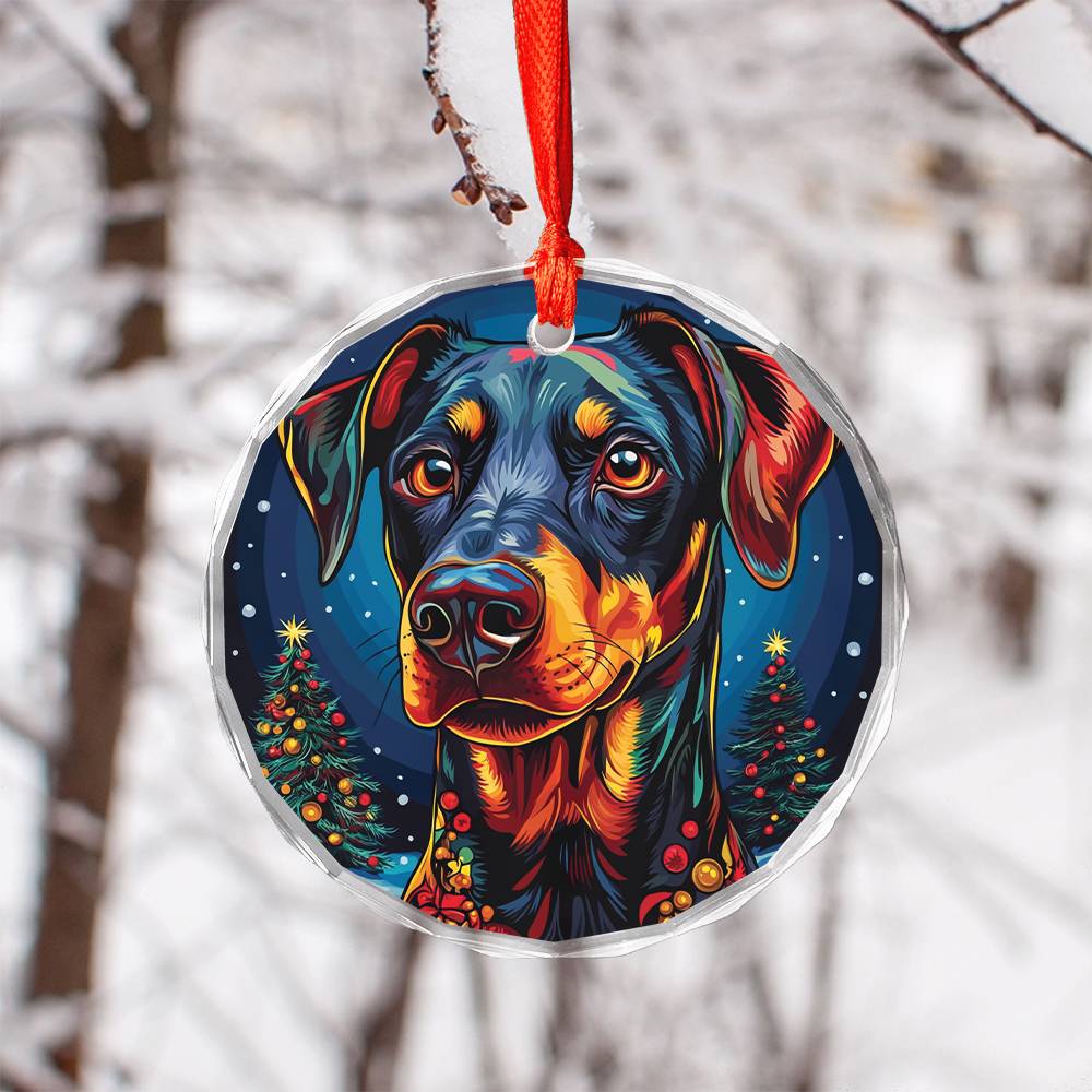 Beautiful Angus Doberman Pinscher Dog Christmas Night Design 3 Glass Ornament
