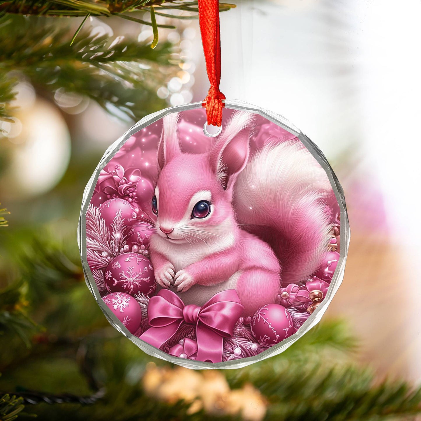 Squirrel Pink Christmas Design 4 Glass Ornament