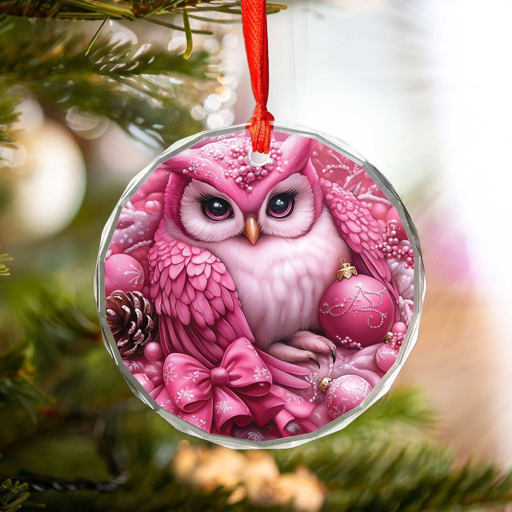 Owl Pink Christmas Design 3 Glass Ornament