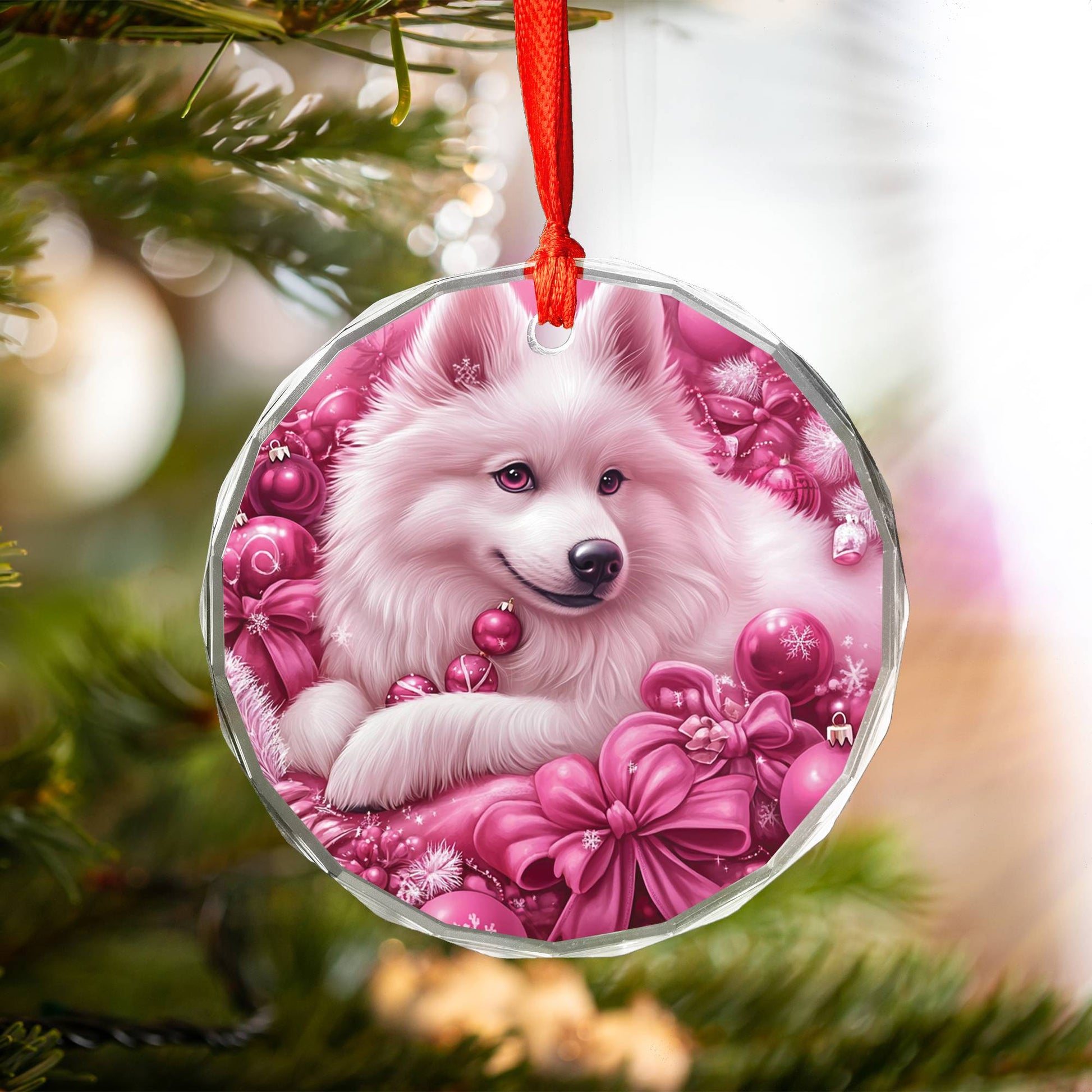 Samoyed Dog Pink Christmas Design 1 Glass Ornament