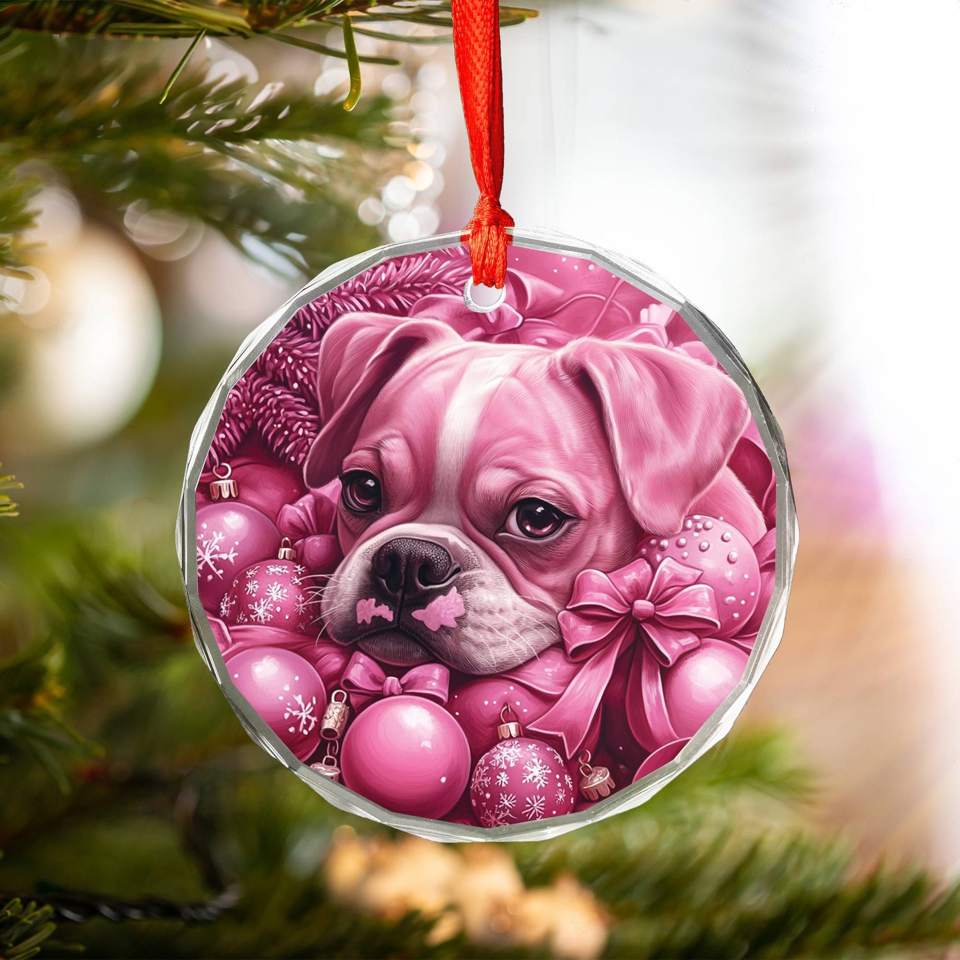 Boxer Dog Pink Christmas Design 3 Glass Ornament