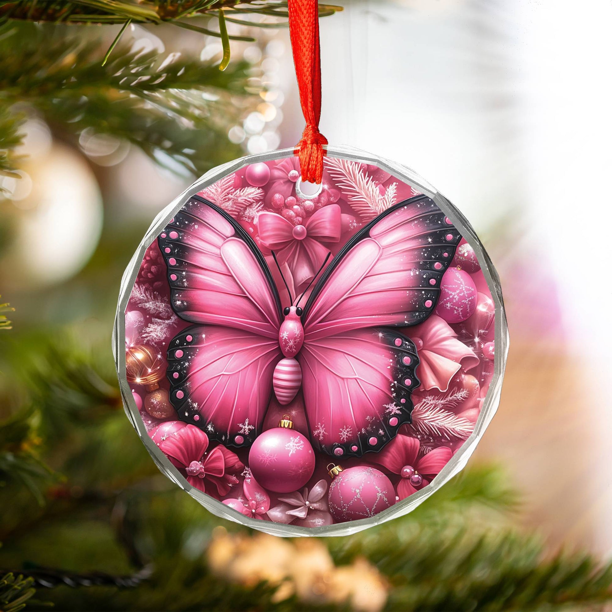Butterfly Pink Christmas Design 1 Glass Ornament