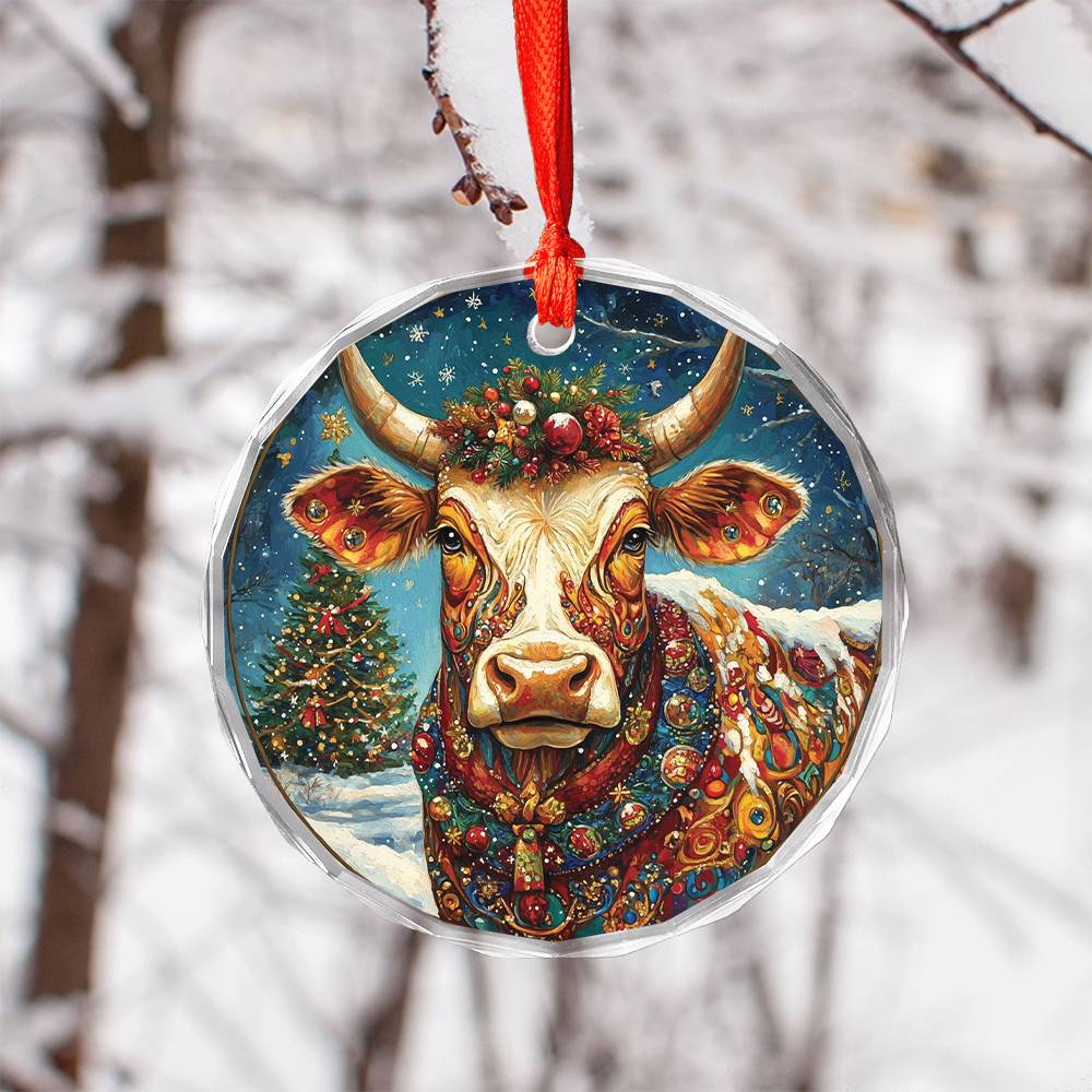 Beautiful Longhorn Cow Christmas Night Design 1 Glass Ornament