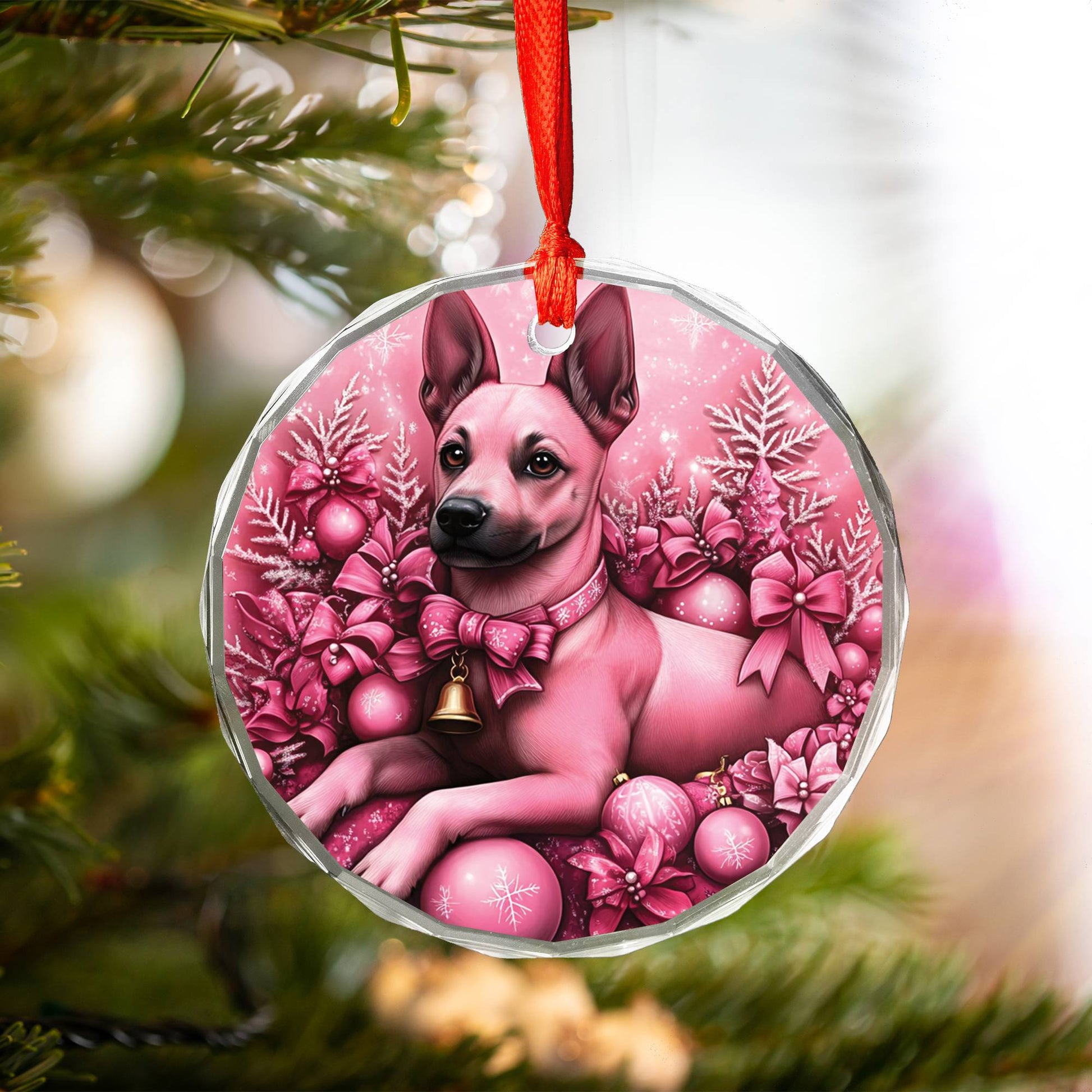 Belgian Malinoi Dog Pink Christmas Design 3 Glass Ornament