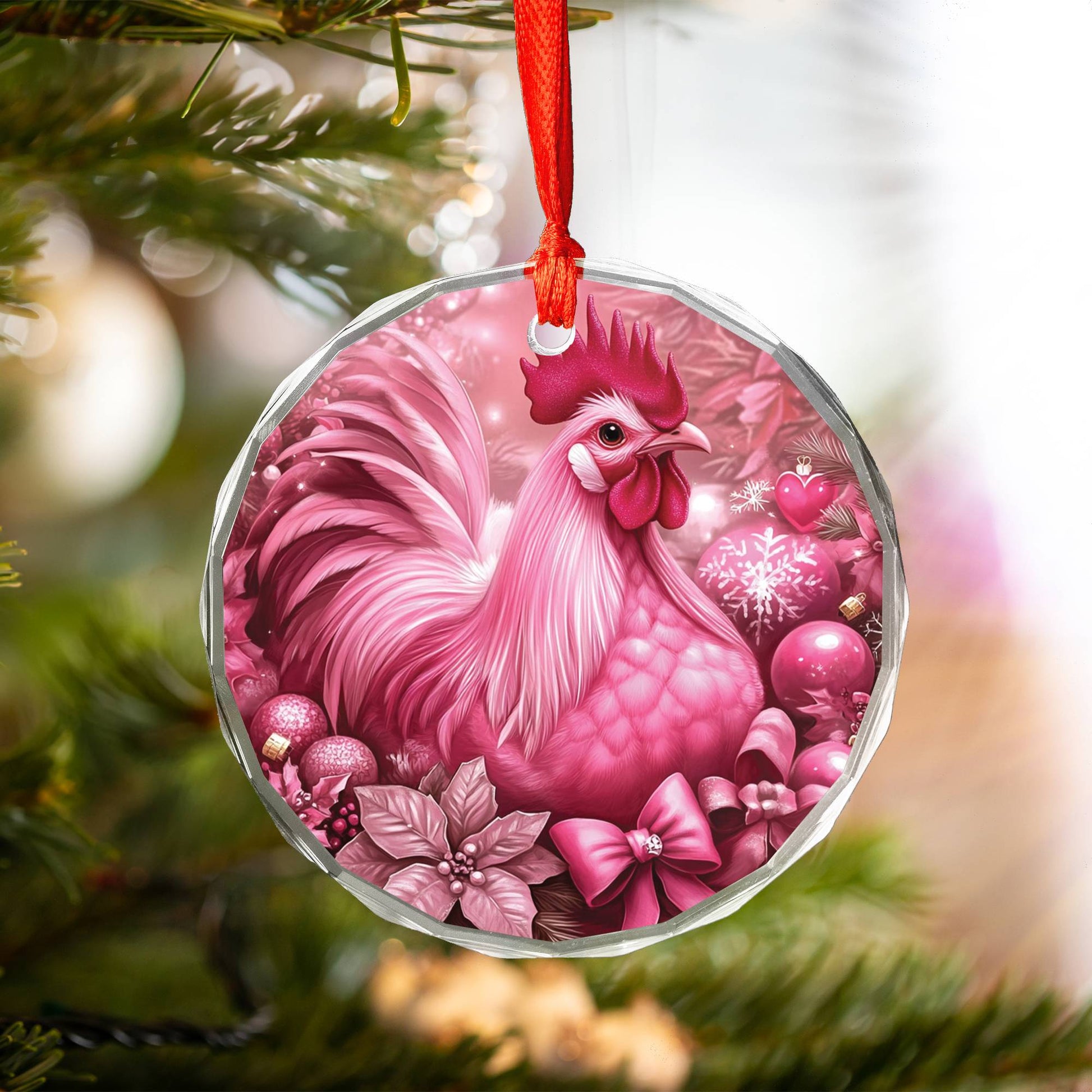 Rooster Pink Christmas Design 2 Glass Ornament