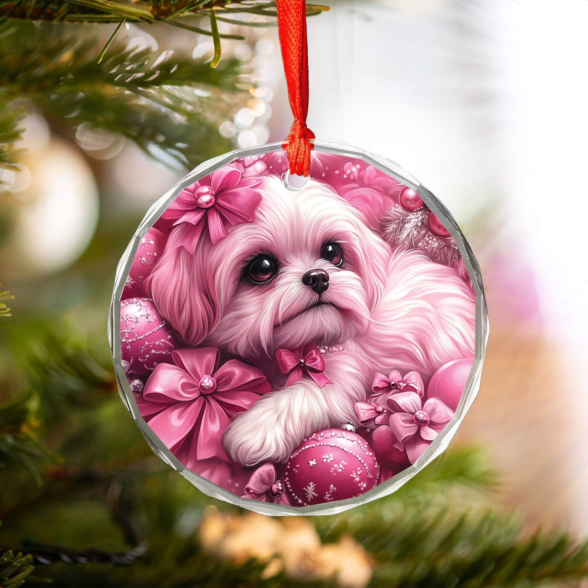 Shih Tzu Dog Pink Christmas Design 1 Glass Ornament