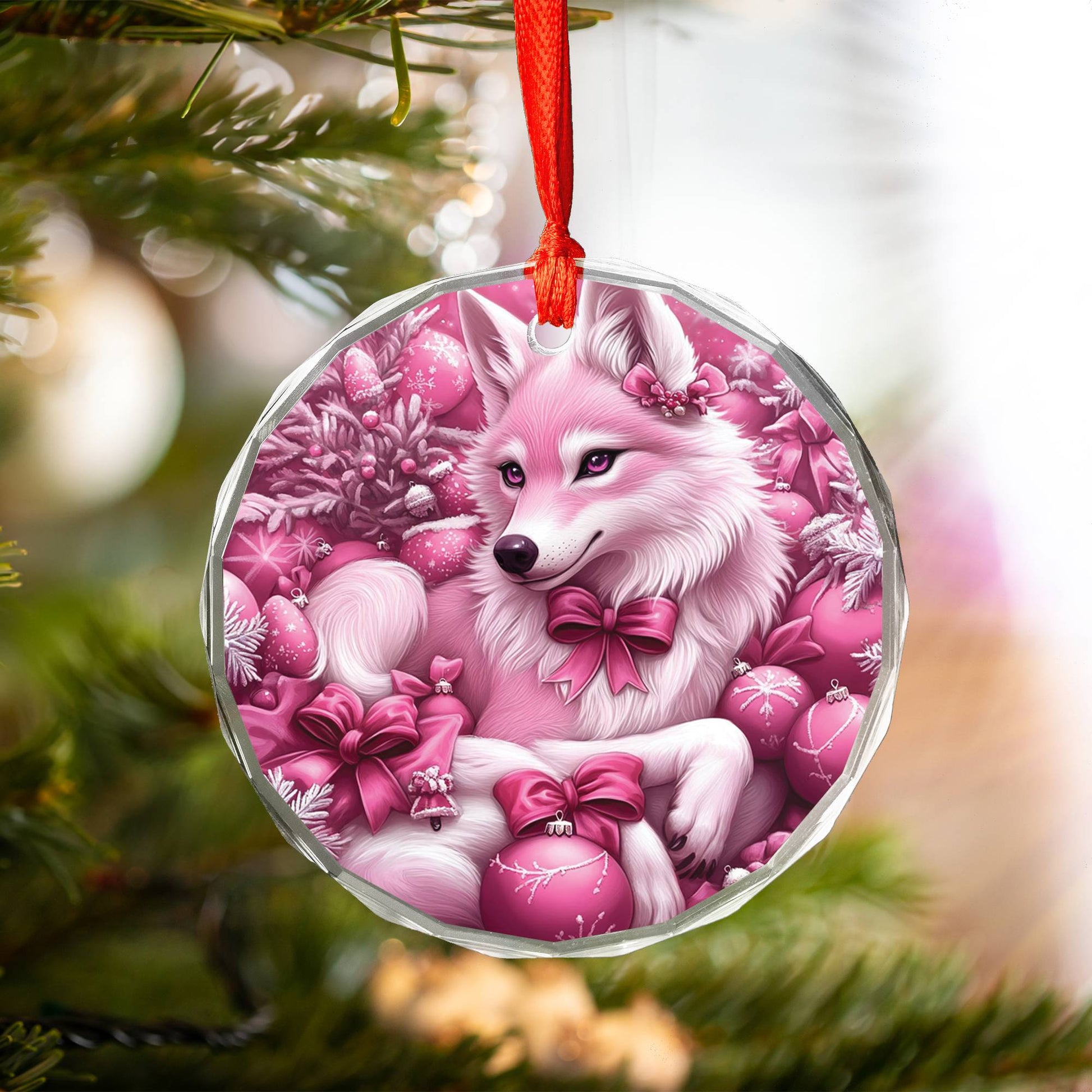 Wolf Pink Christmas Design 4 Glass Ornament