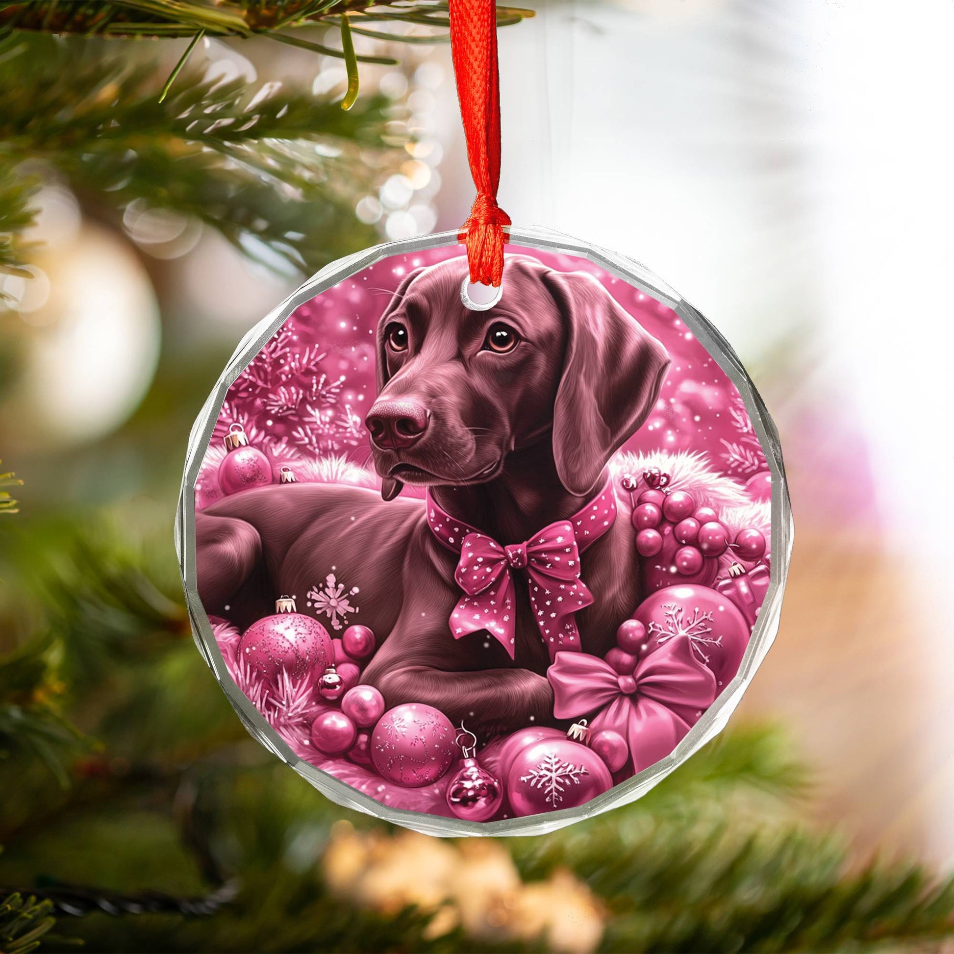 German Shorthaired Pointer Dog Pink Christmas Design 1 Glass Ornament