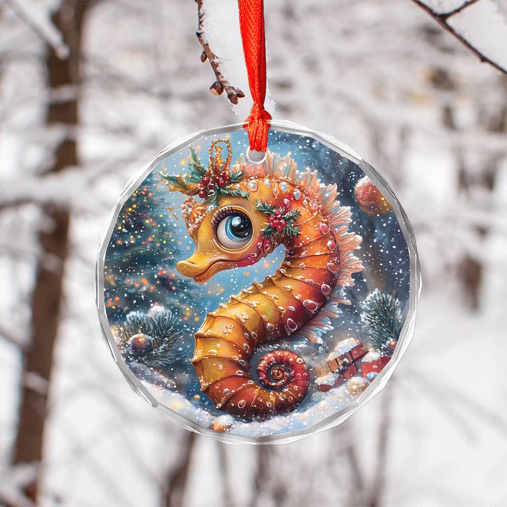 Beautiful Angus Seahorse Christmas Night Design 2 Glass Ornament