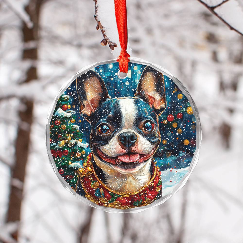 Beautiful Boston Terrier Dog Christmas Night Design 2 Glass Ornament