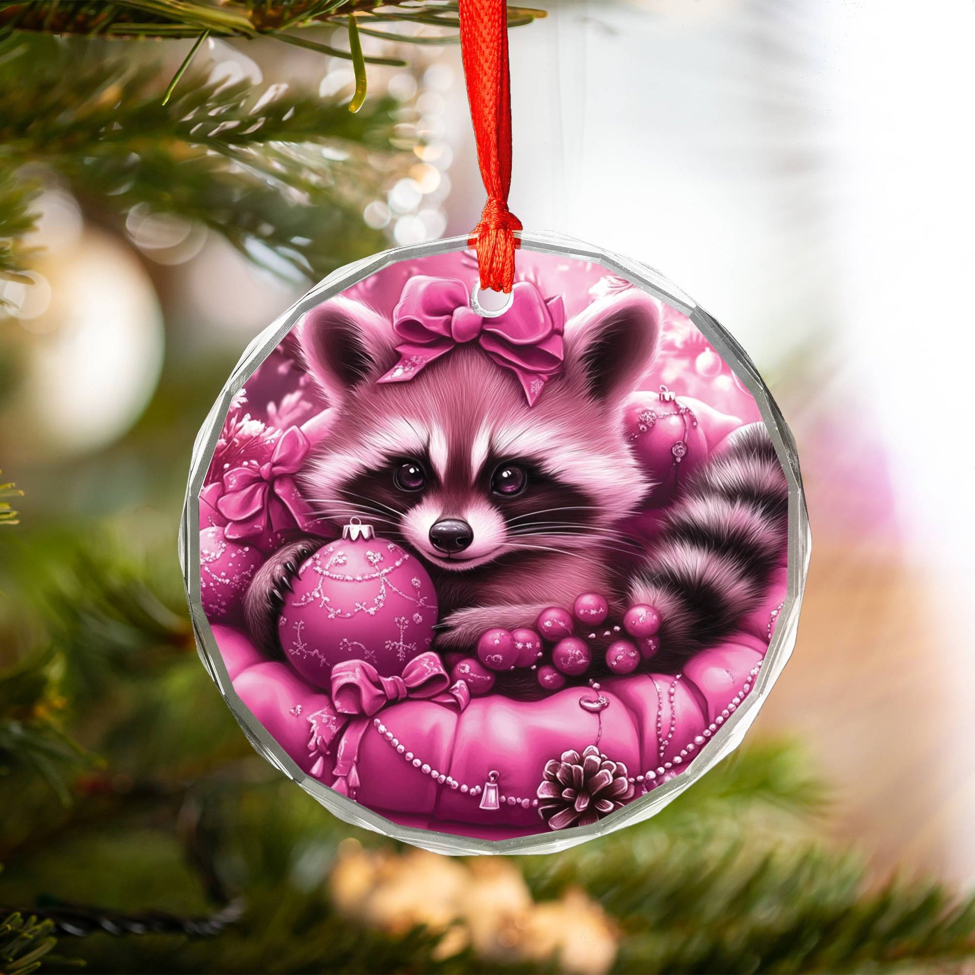 Racoon Pink Christmas Design 2 Glass Ornament