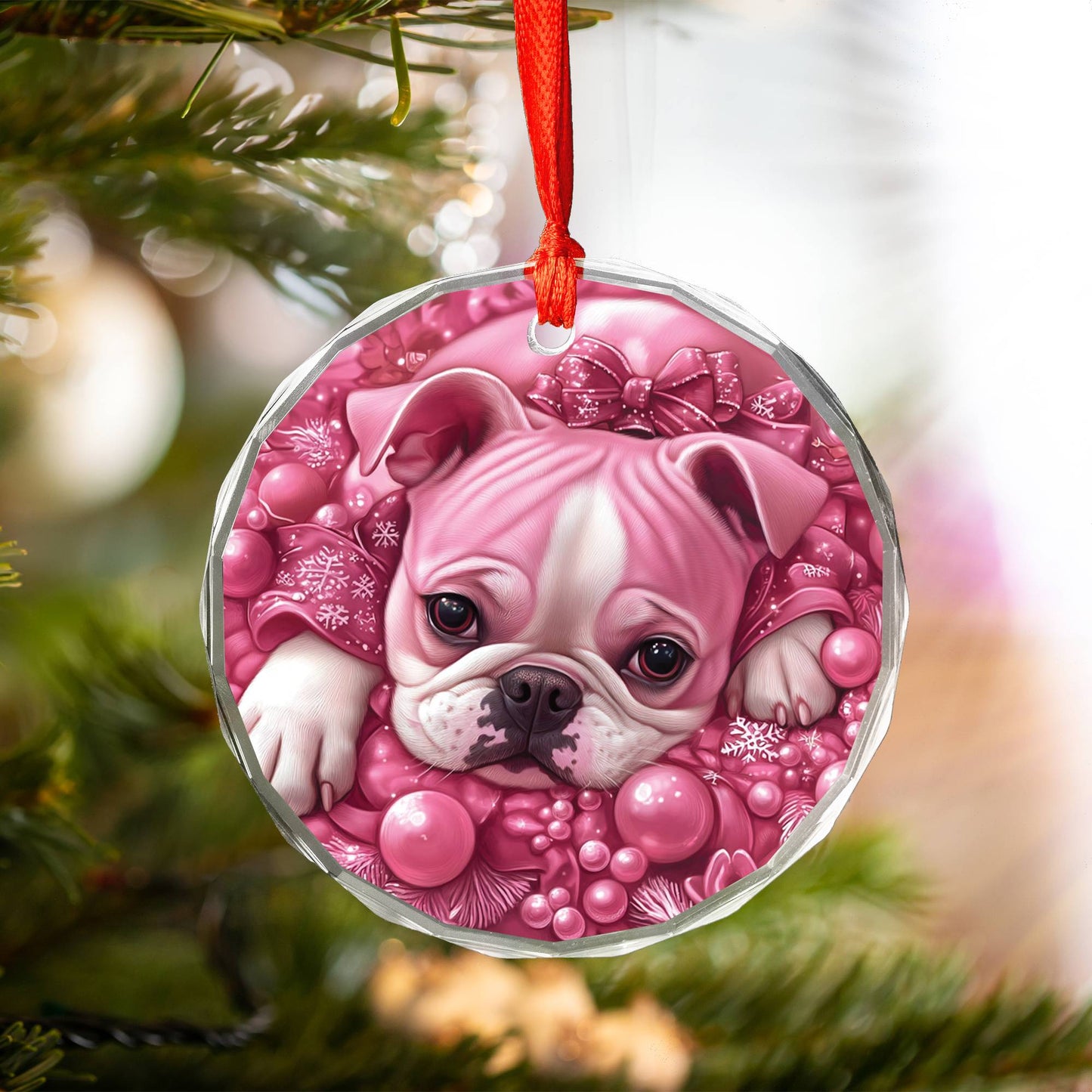 Bulldog Pink Christmas Design 2 Glass Ornament