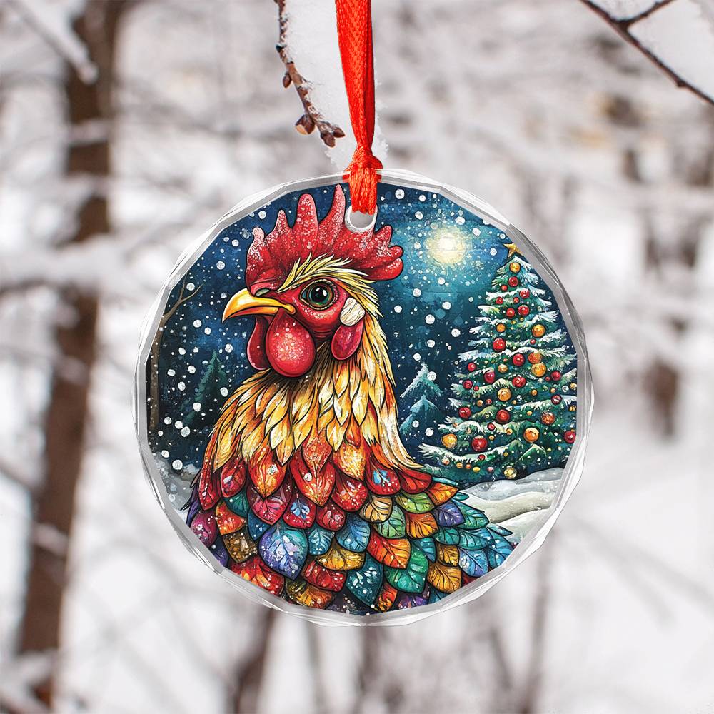 Beautiful Rooster Christmas Night Design 2 Glass Ornament