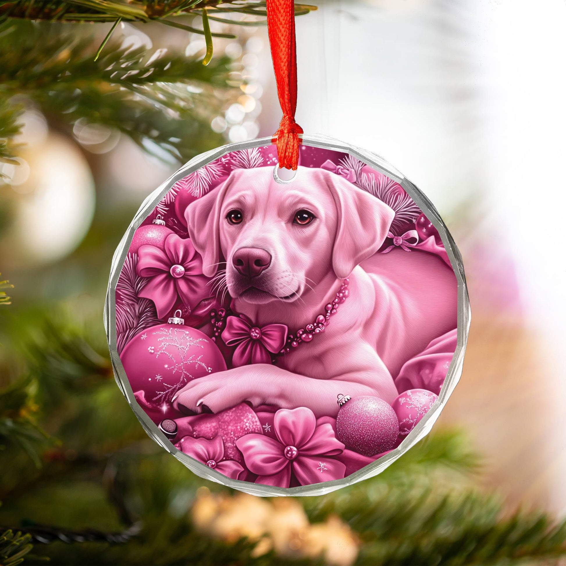 Labrador Retriever Dog Pink Christmas Design 2 Glass Ornament