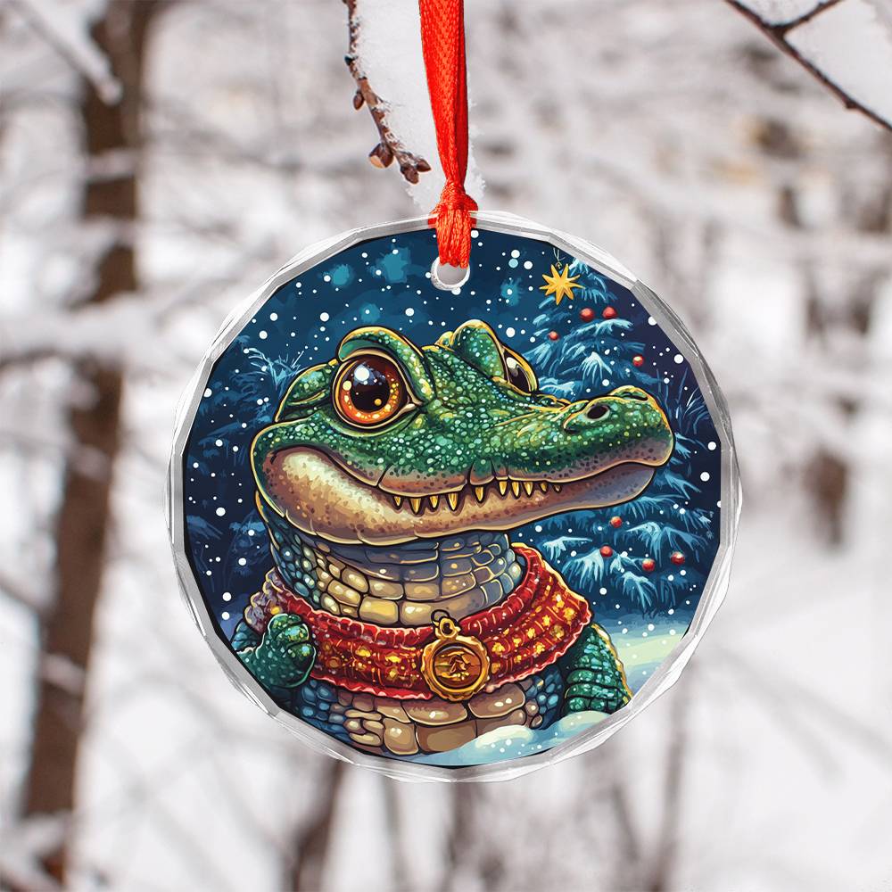 Beautiful Angus Alligator Christmas Night Design 3 Glass Ornament