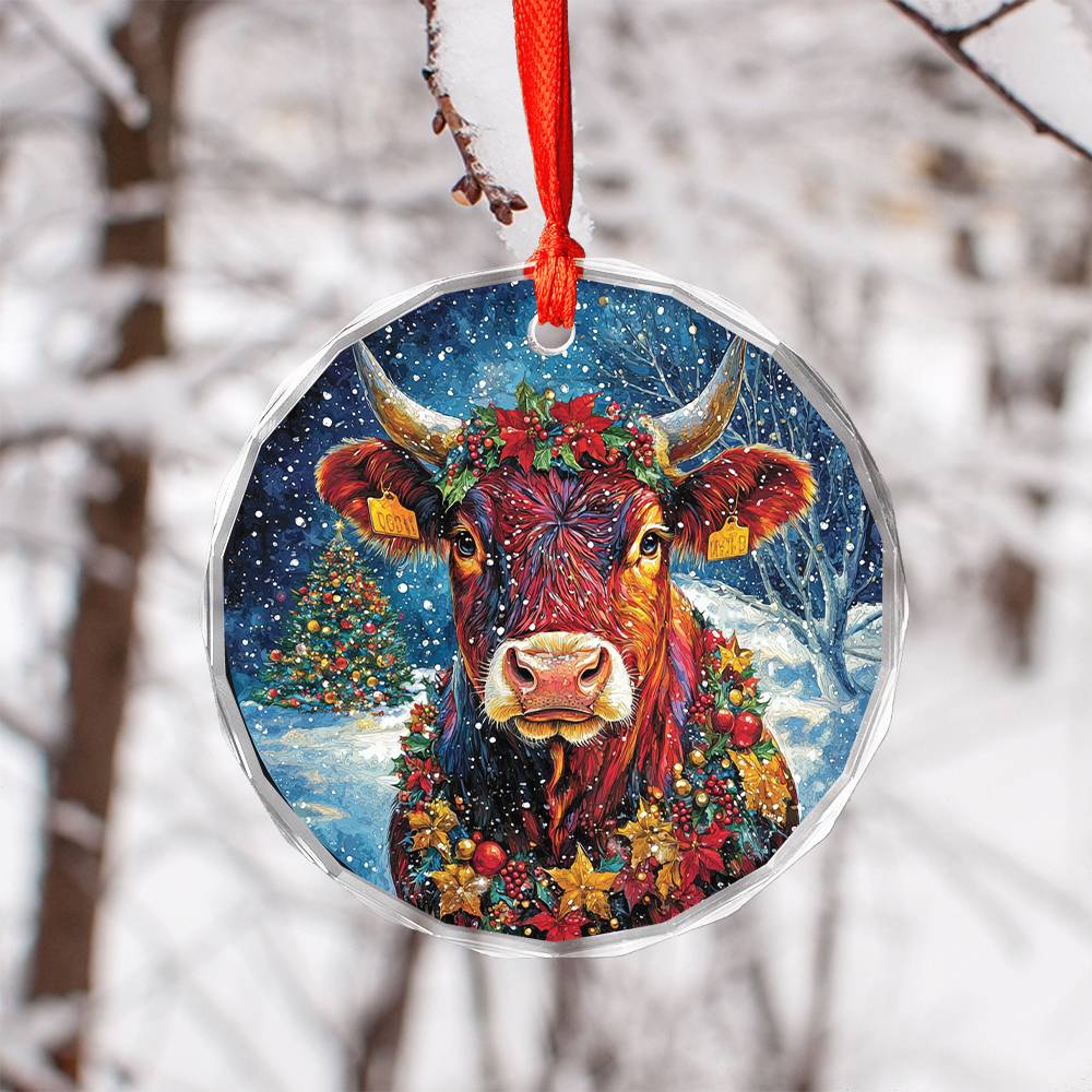 Beautiful Angus Cow Christmas Night Design 1 Glass Ornament