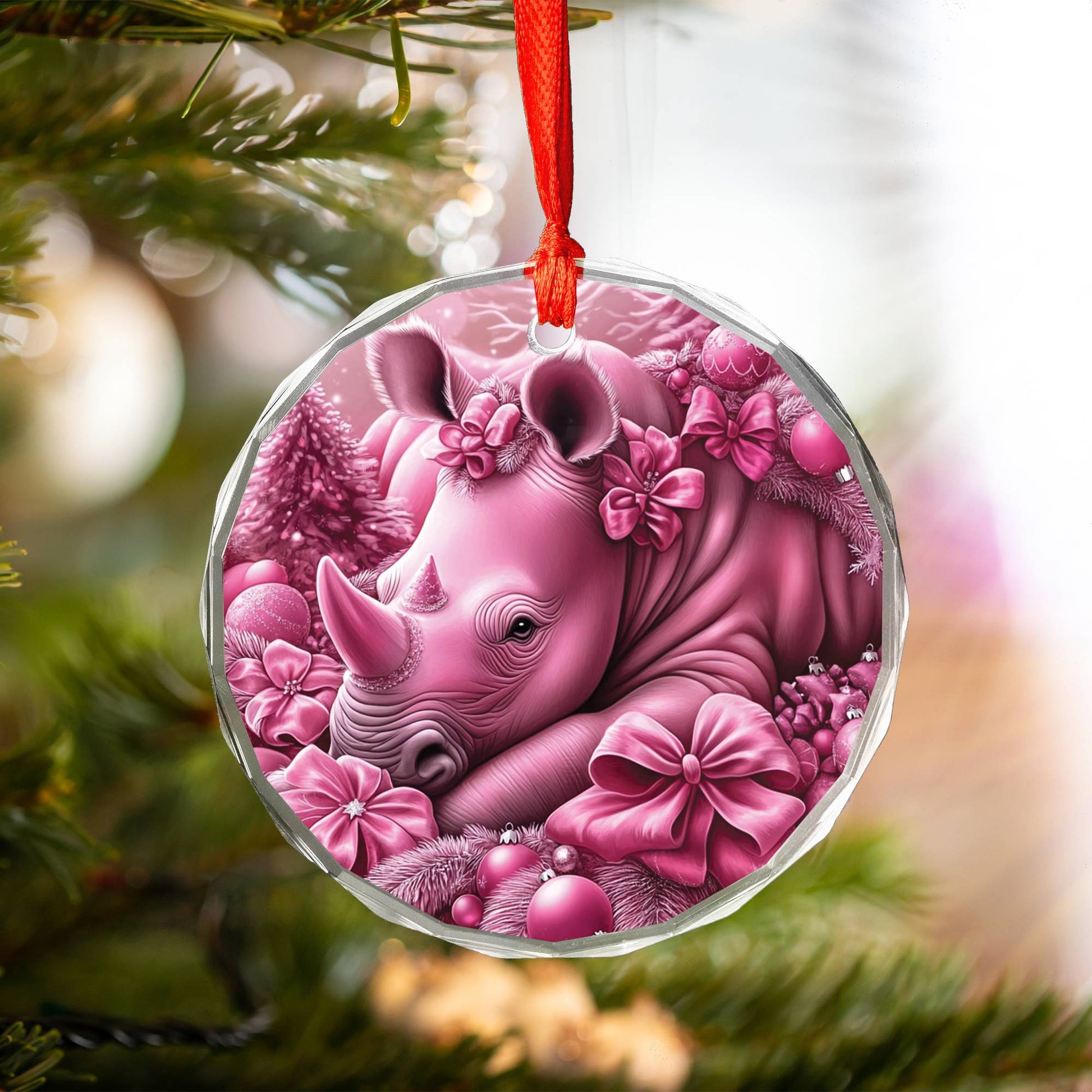 Rhino Pink Christmas Design 4 Glass Ornament