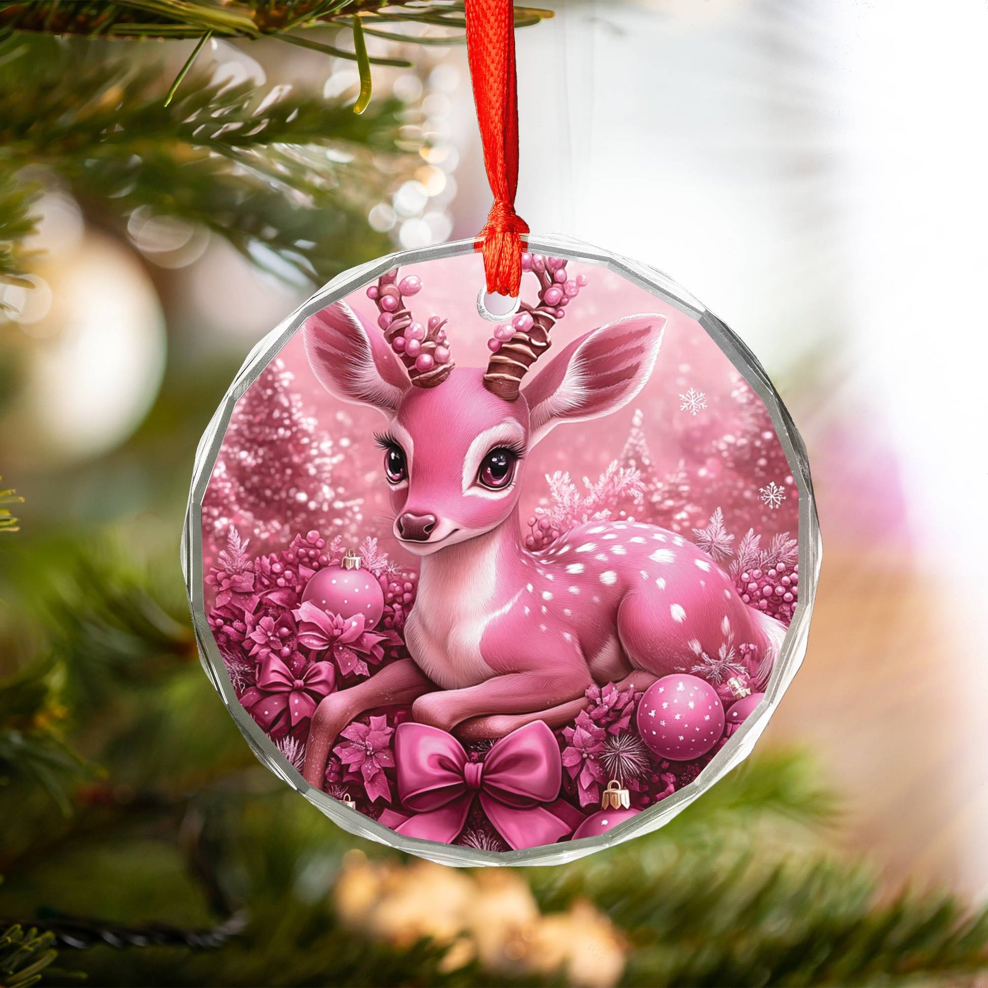Antelope Pink Christmas Design 4 Glass Ornament