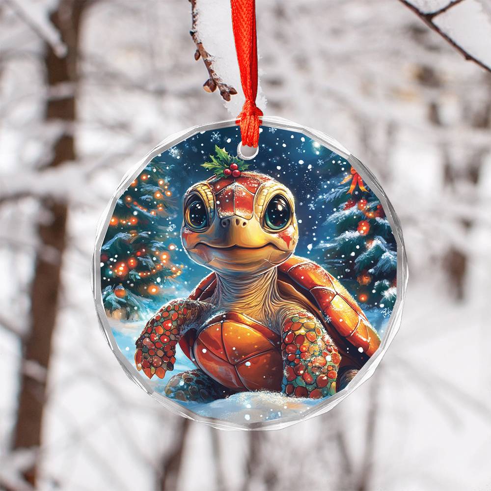Beautiful Angus Turtle Christmas Night Design 4 Glass Ornament