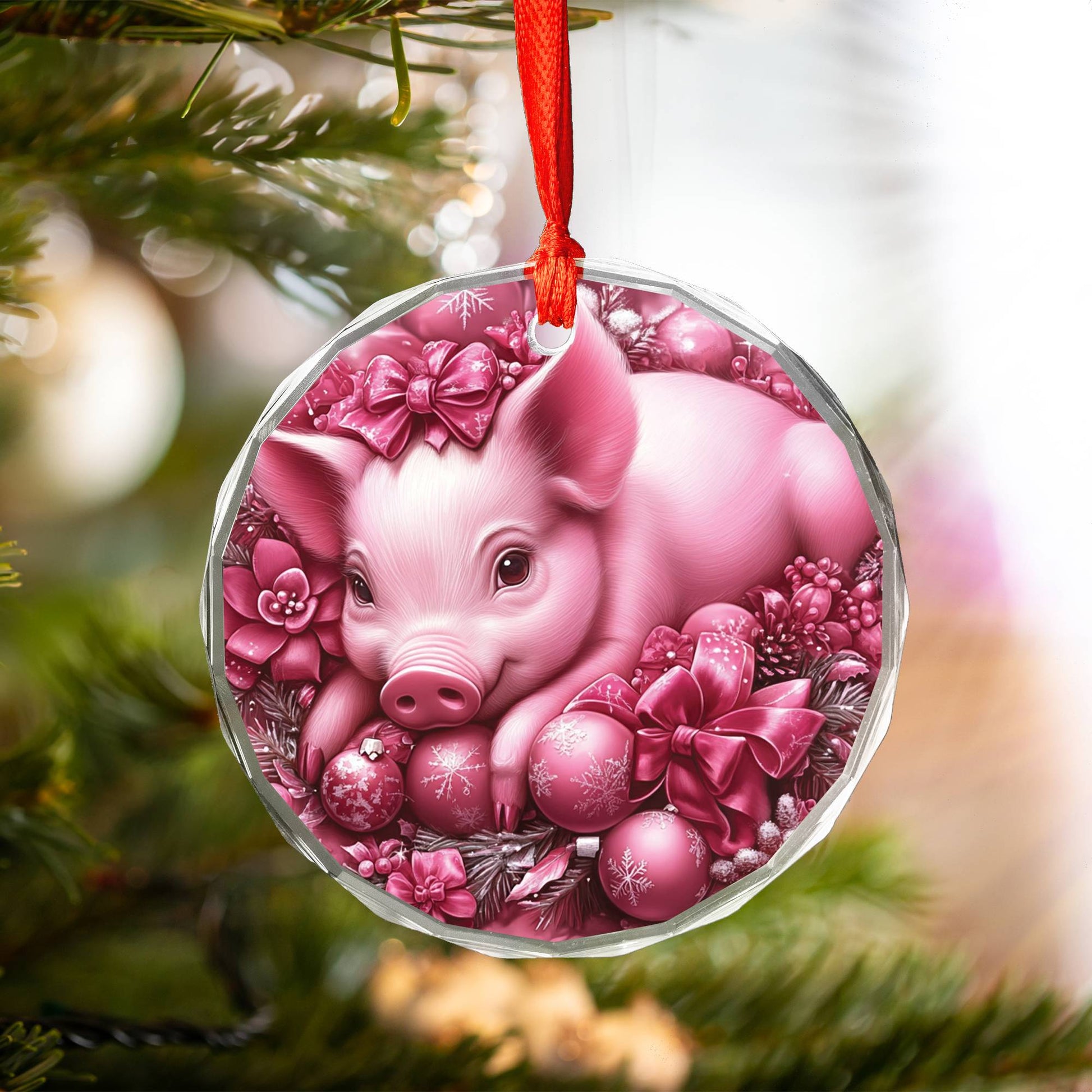 Pig Pink Christmas Design 3 Glass Ornament