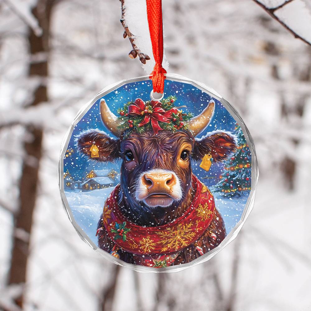 Beautiful Angus Cow Christmas Night Design 4 Glass Ornament
