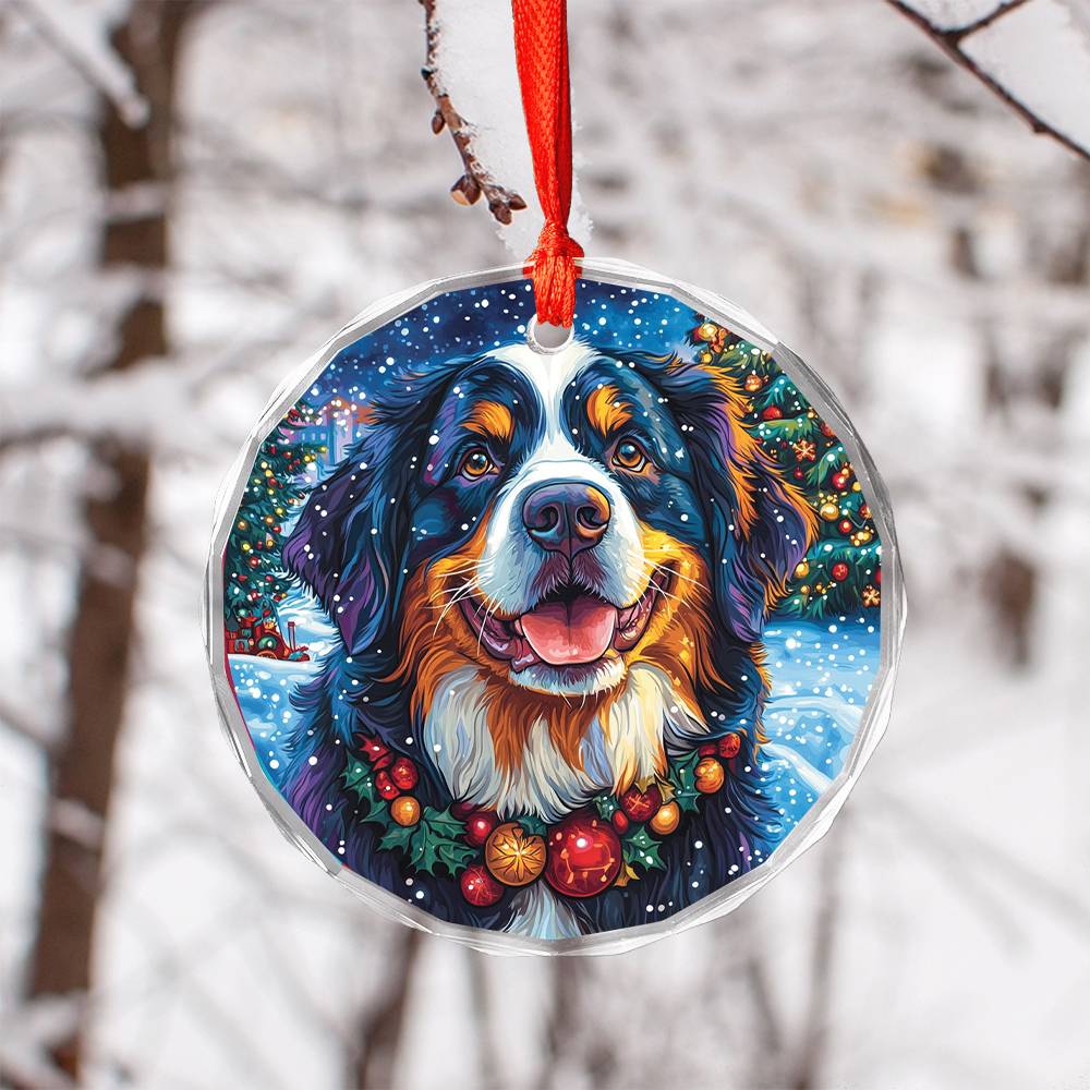 Beautiful Angus Bernese Mountain Dog Christmas Night Design 1 Glass Ornament