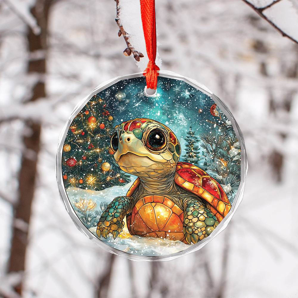 Beautiful Angus Turtle Christmas Night Design 1 Glass Ornament
