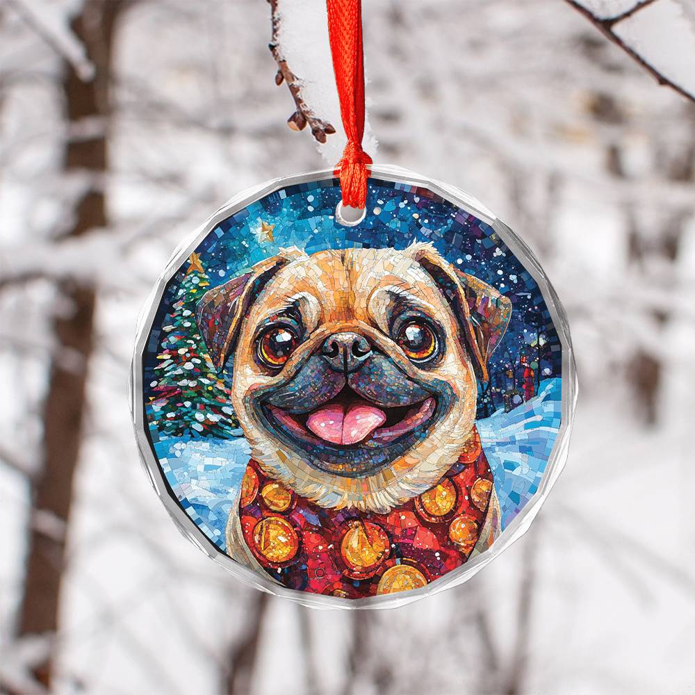 Beautiful Pug Dog Christmas Night Design 1 Glass Ornament