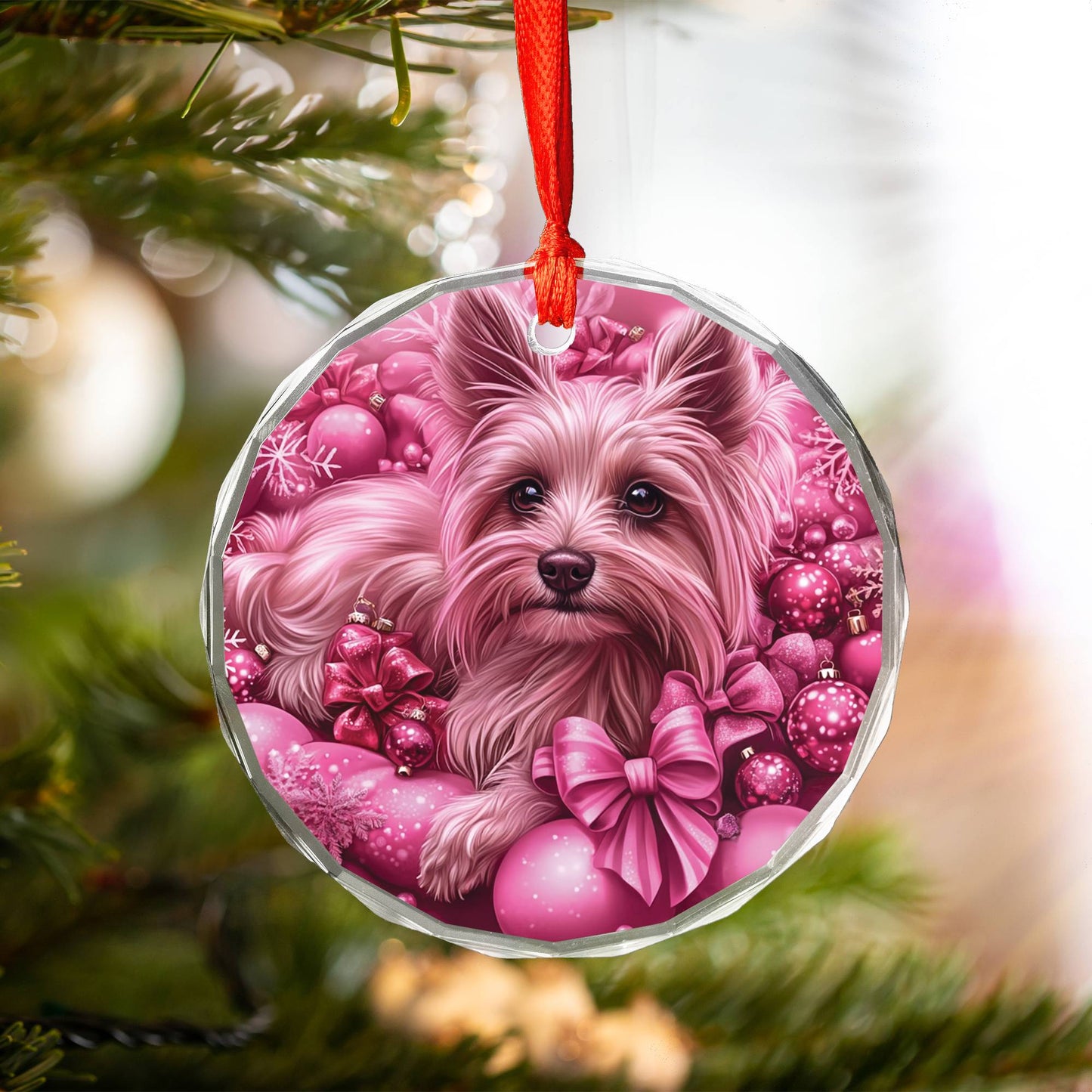 Yorkshire Terrier Dog Pink Christmas Design 2 Glass Ornament