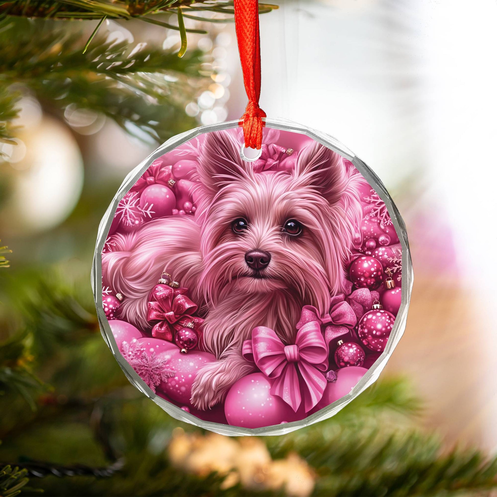 Yorkshire Terrier Dog Pink Christmas Design 2 Glass Ornament