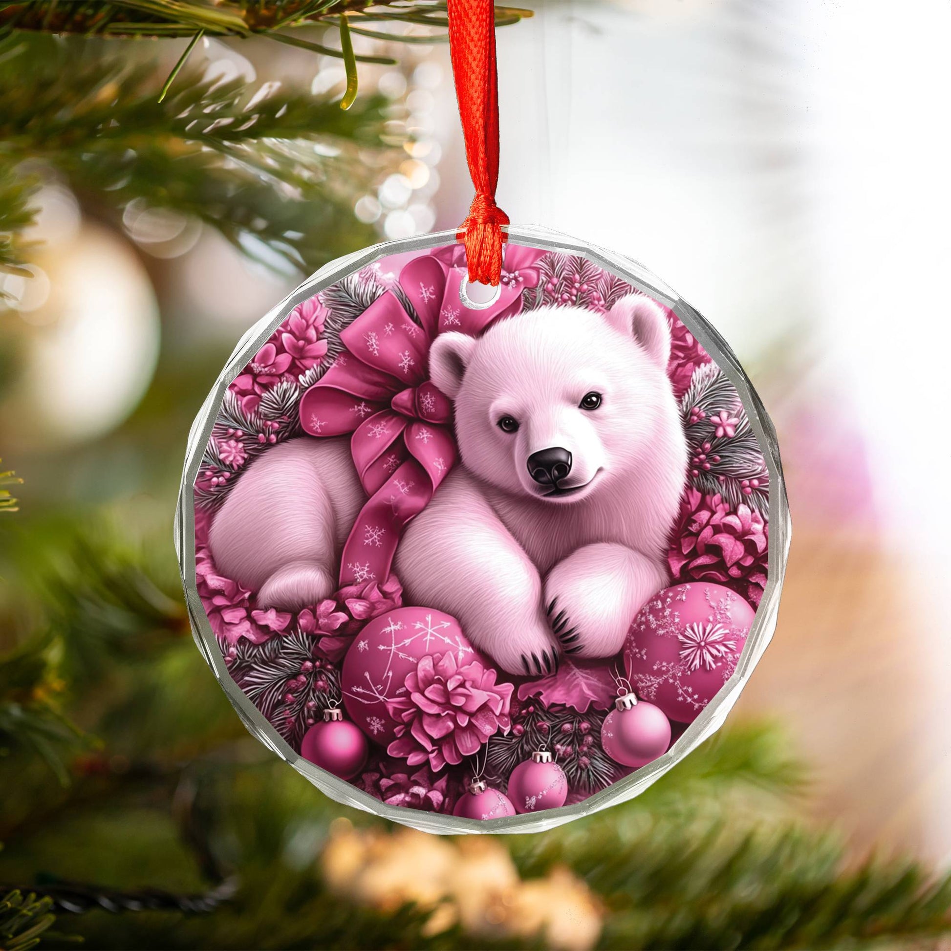 Pola Bear Pink Christmas Design 4 Glass Ornament