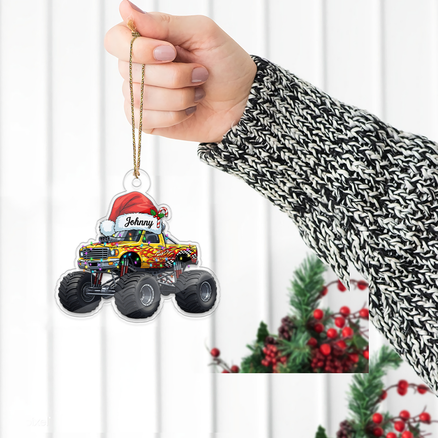 Custom Name Monster Truck With Led Light Acrylic Ornament Christmas Gift