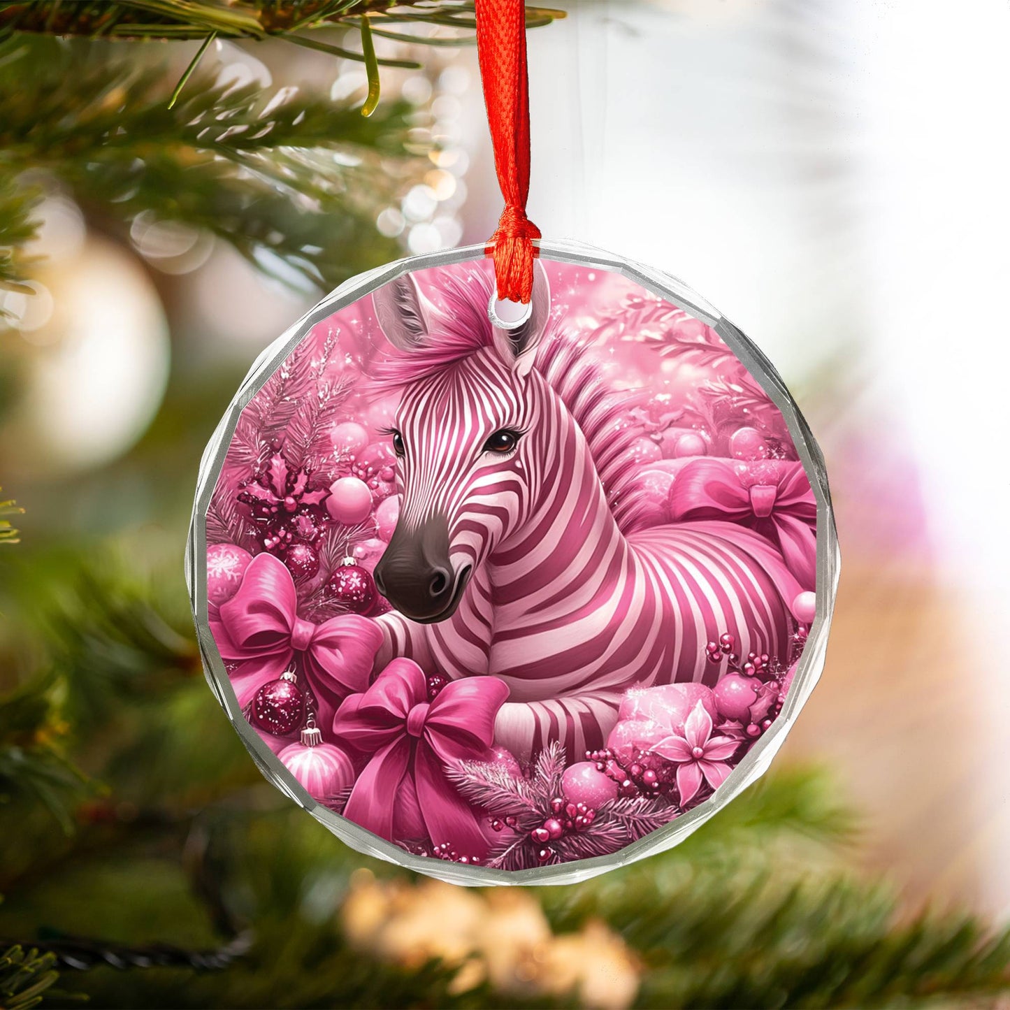Zebra Pink Christmas Design 4 Glass Ornament