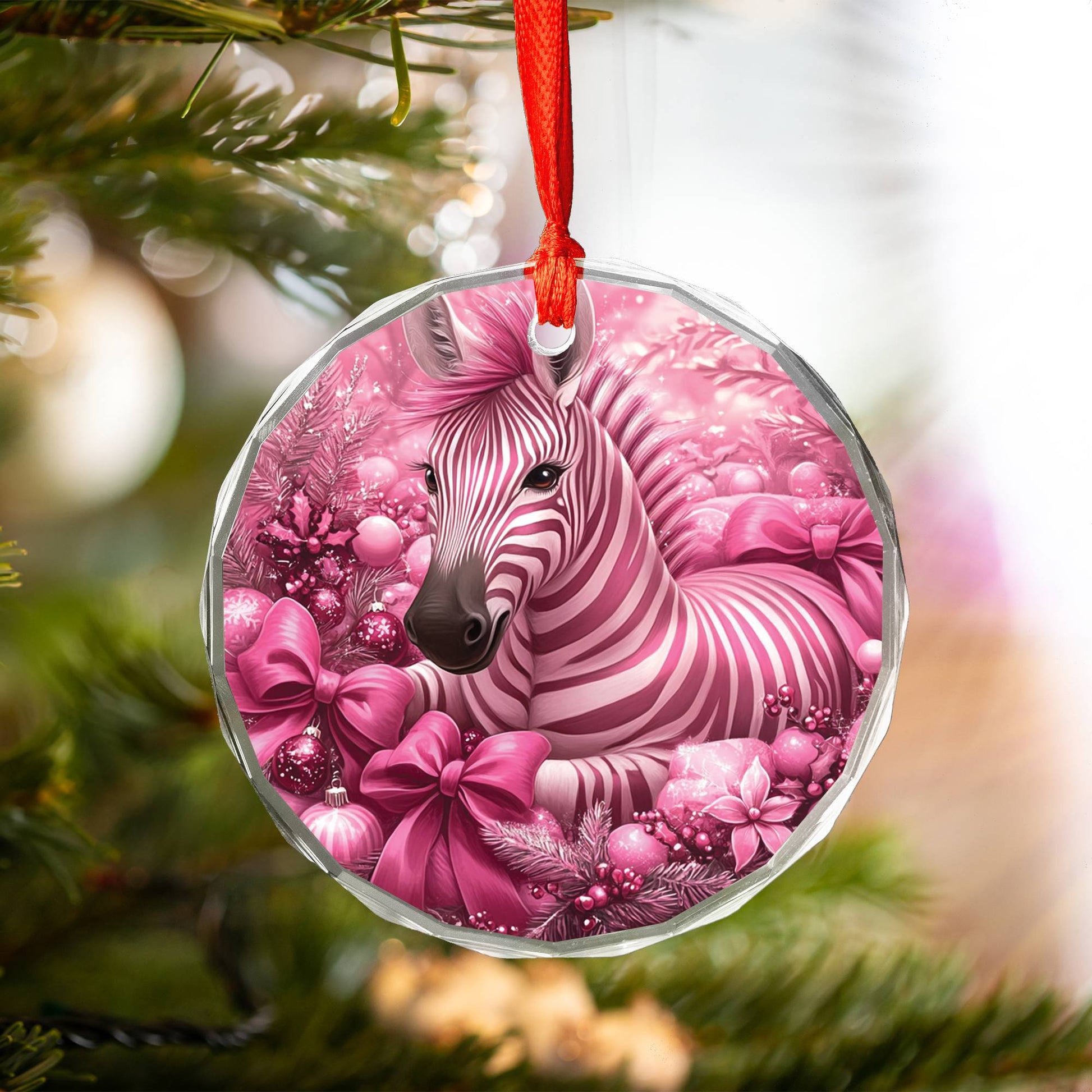 Zebra Pink Christmas Design 4 Glass Ornament