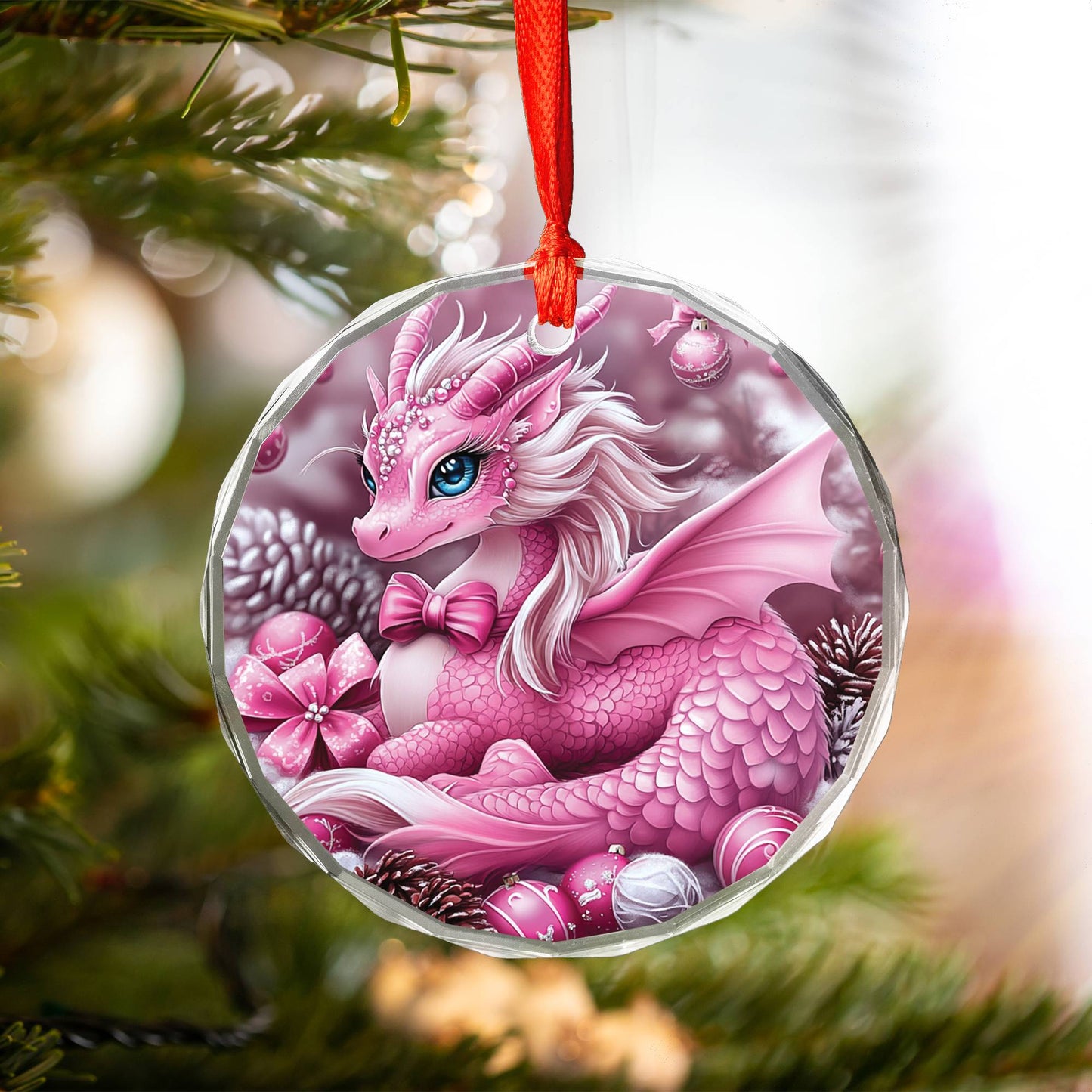Dragon Pink Christmas Design 2 Glass Ornament