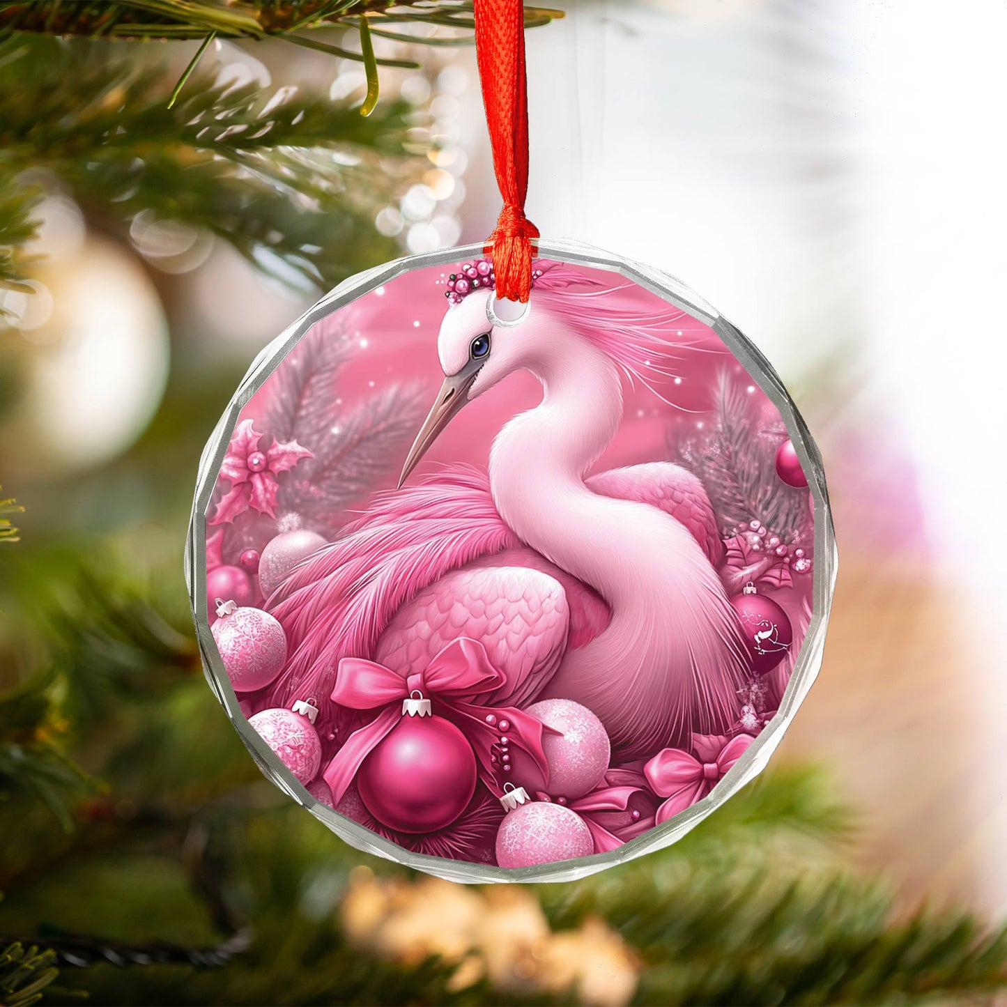 Heron Pink Christmas Design 4 Glass Ornament