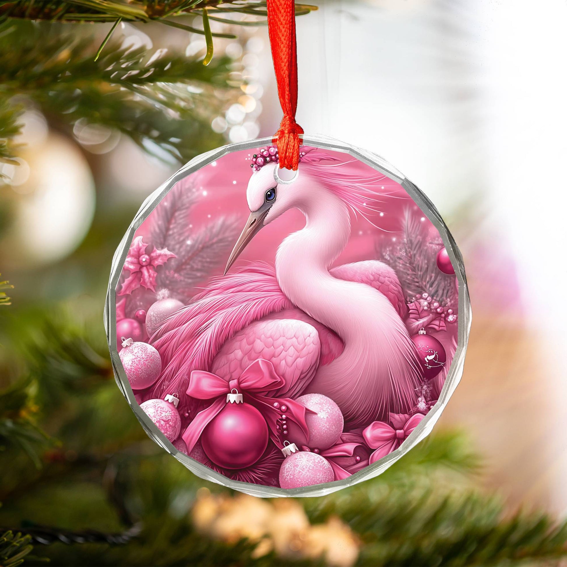 Heron Pink Christmas Design 4 Glass Ornament