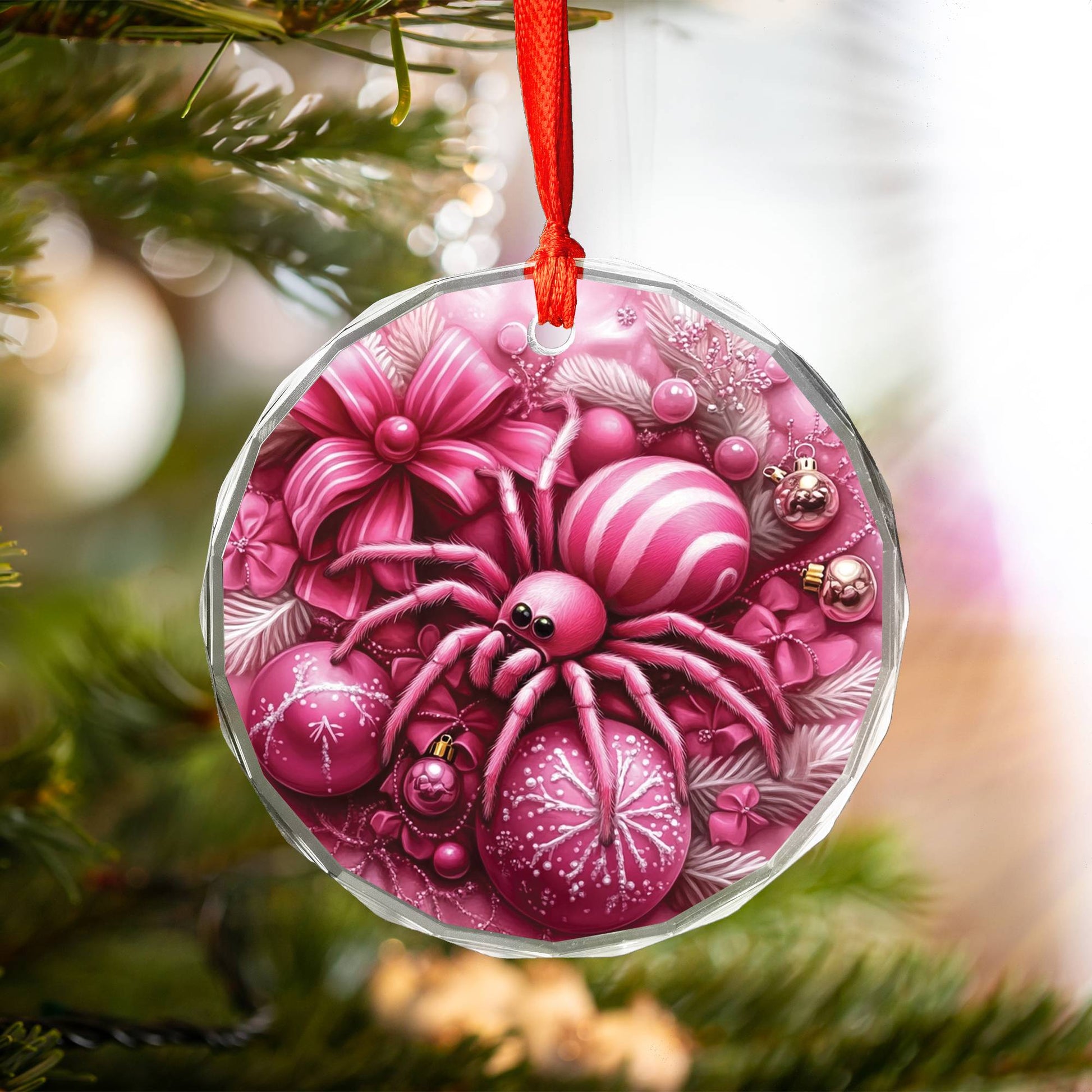 Spider Pink Christmas Design 1 Glass Ornament