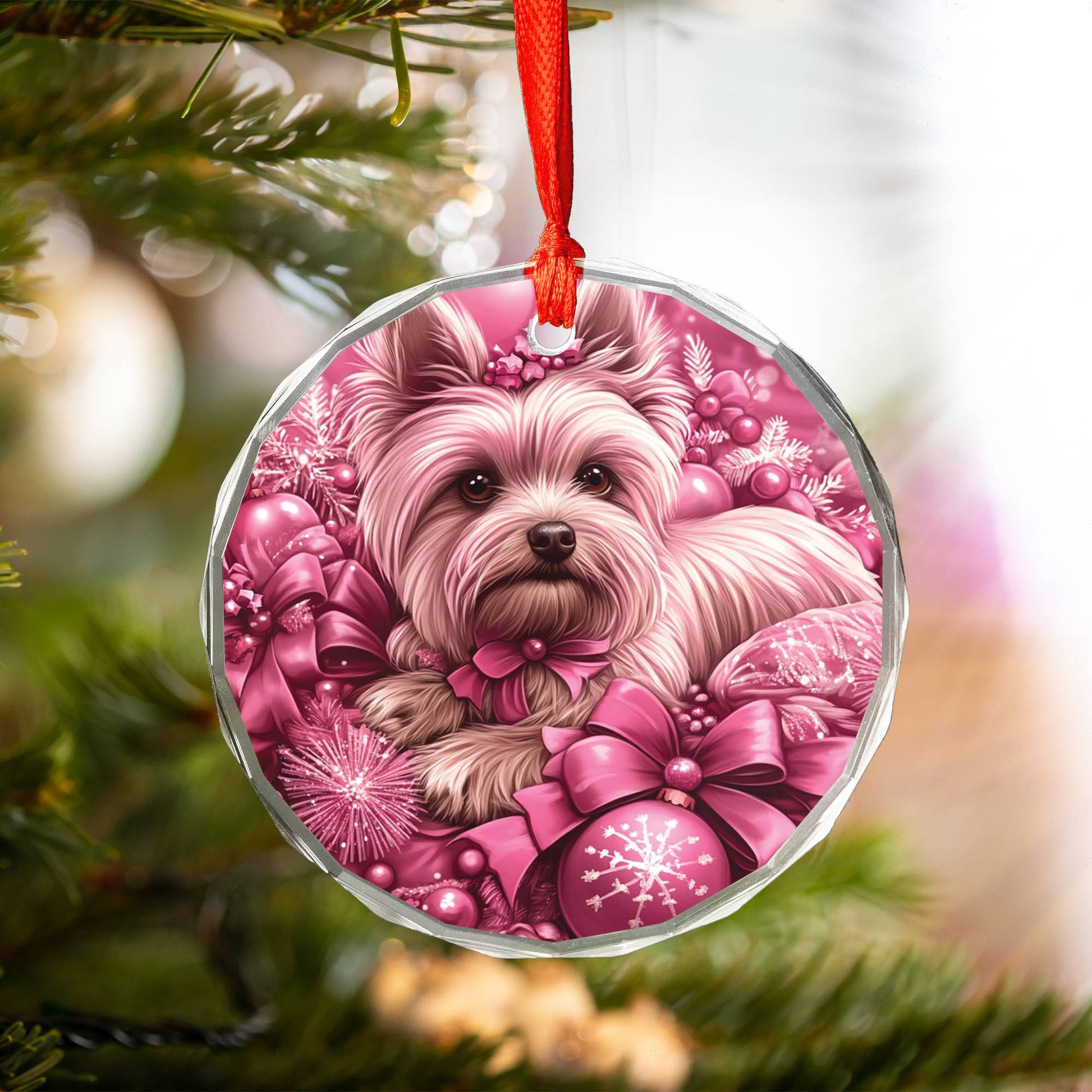 Yorkshire Terrier Dog Pink Christmas Design 3 Glass Ornament
