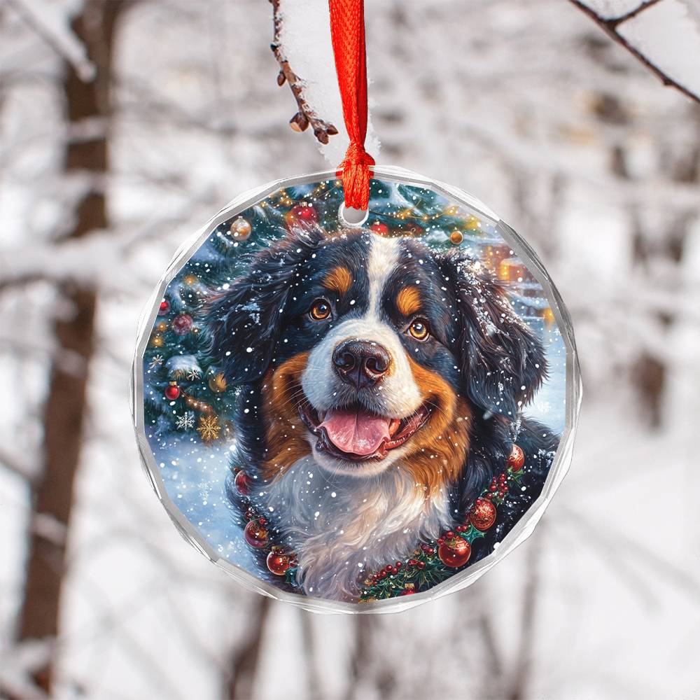 Beautiful Angus Bernese Mountain Dog Christmas Night Design 3 Glass Ornament