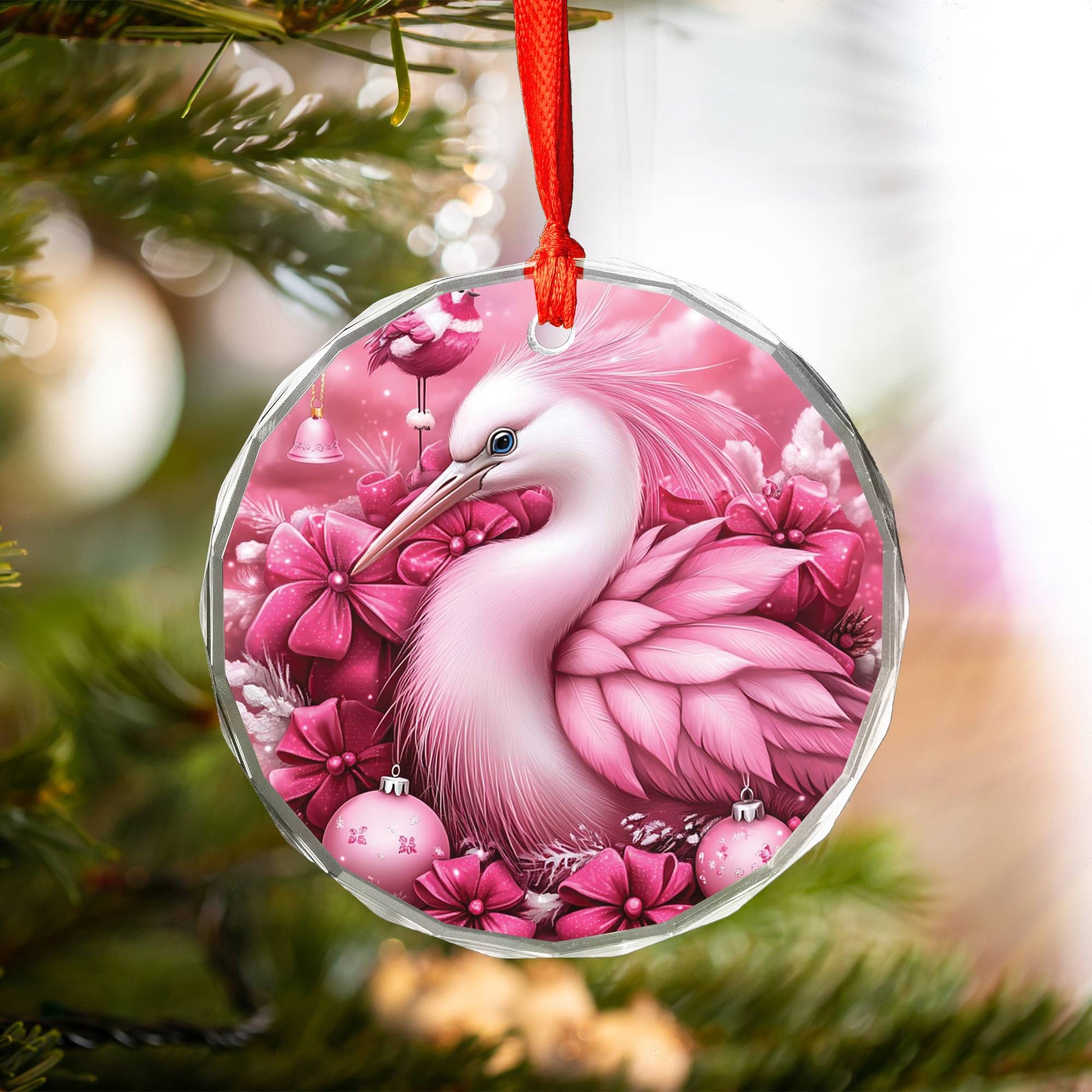 Heron Pink Christmas Design 1 Glass Ornament