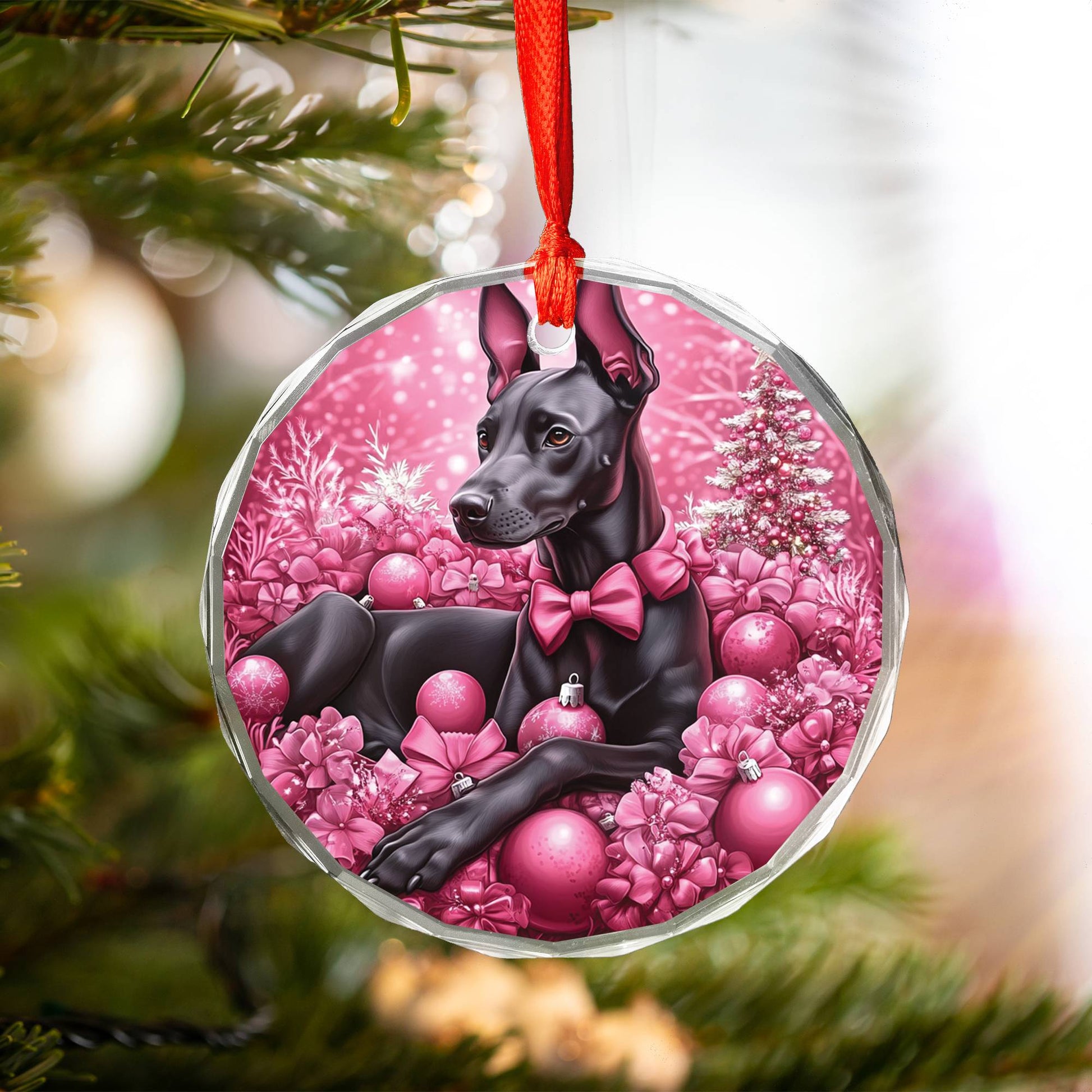 Doberman Pinscher Dog Pink Christmas Design 1 Glass Ornament