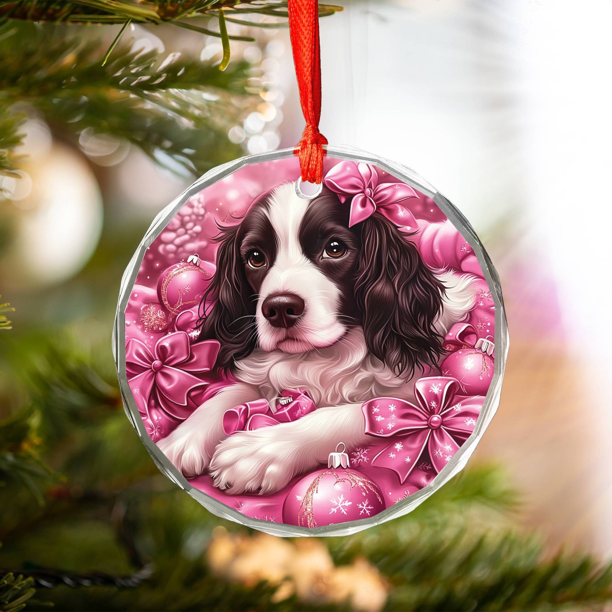 English Springer Spaniel Dog Pink Christmas Design 2 Glass Ornament