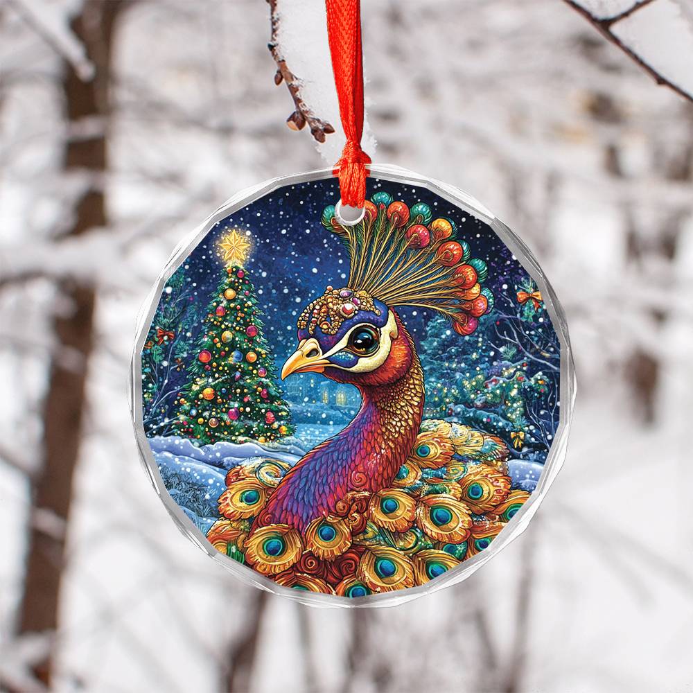 Beautiful Peacock Christmas Night Design 4 Glass Ornament