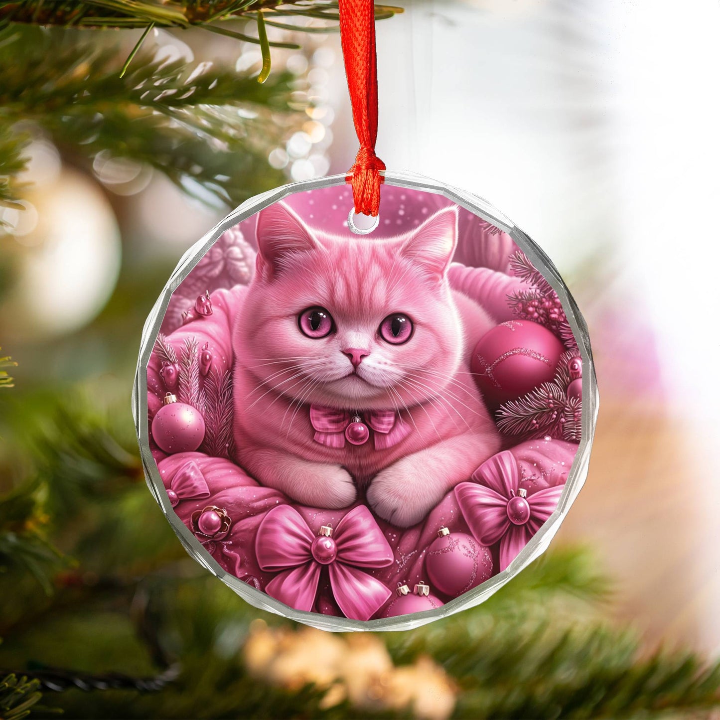 British Shorthair Cat Pink Christmas Design 1 Glass Ornament