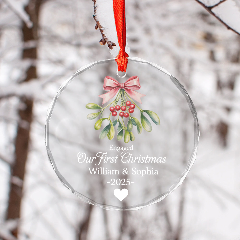 Mistletoe Our First Christmas Engaged - Personalized Circle Glass Ornament