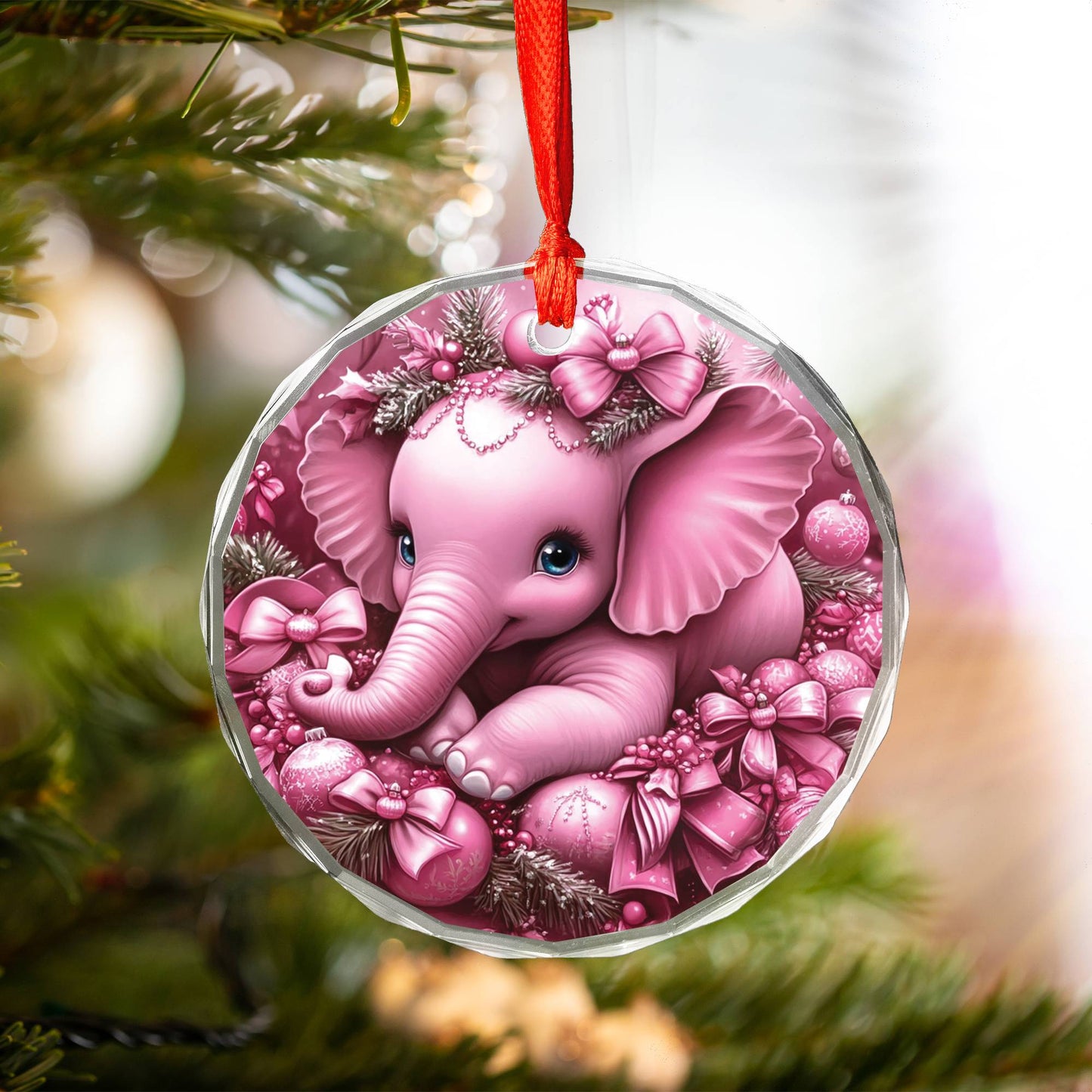 Elephant Pink Christmas Design 2 Glass Ornament